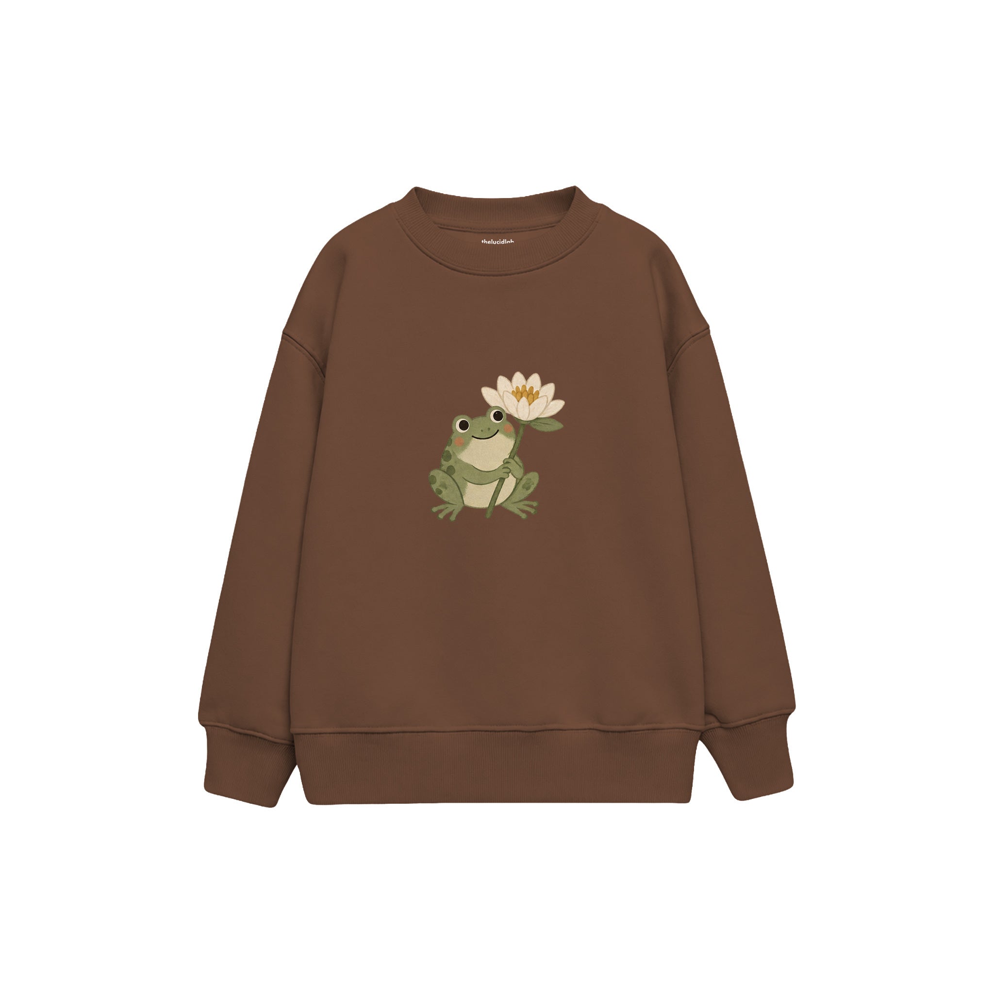 Frog holding one water lily Çocuk Sweatshirt — Kahverengi — ön görünüm