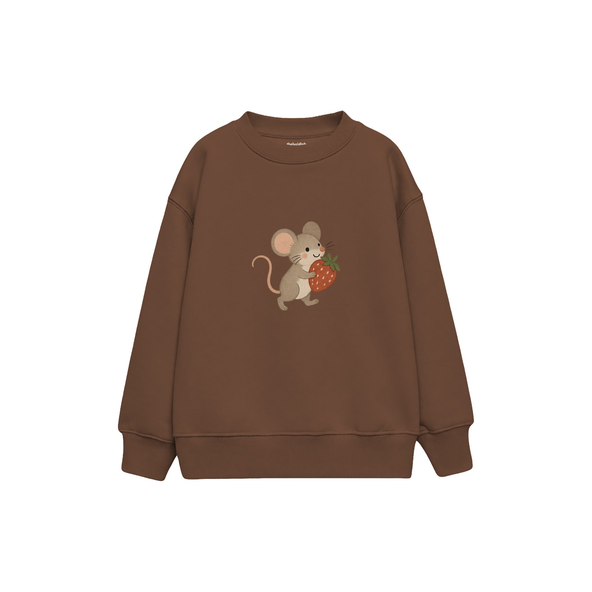 Small mouse carrying a strawberry Çocuk Sweatshirt — Kahverengi — ön görünüm