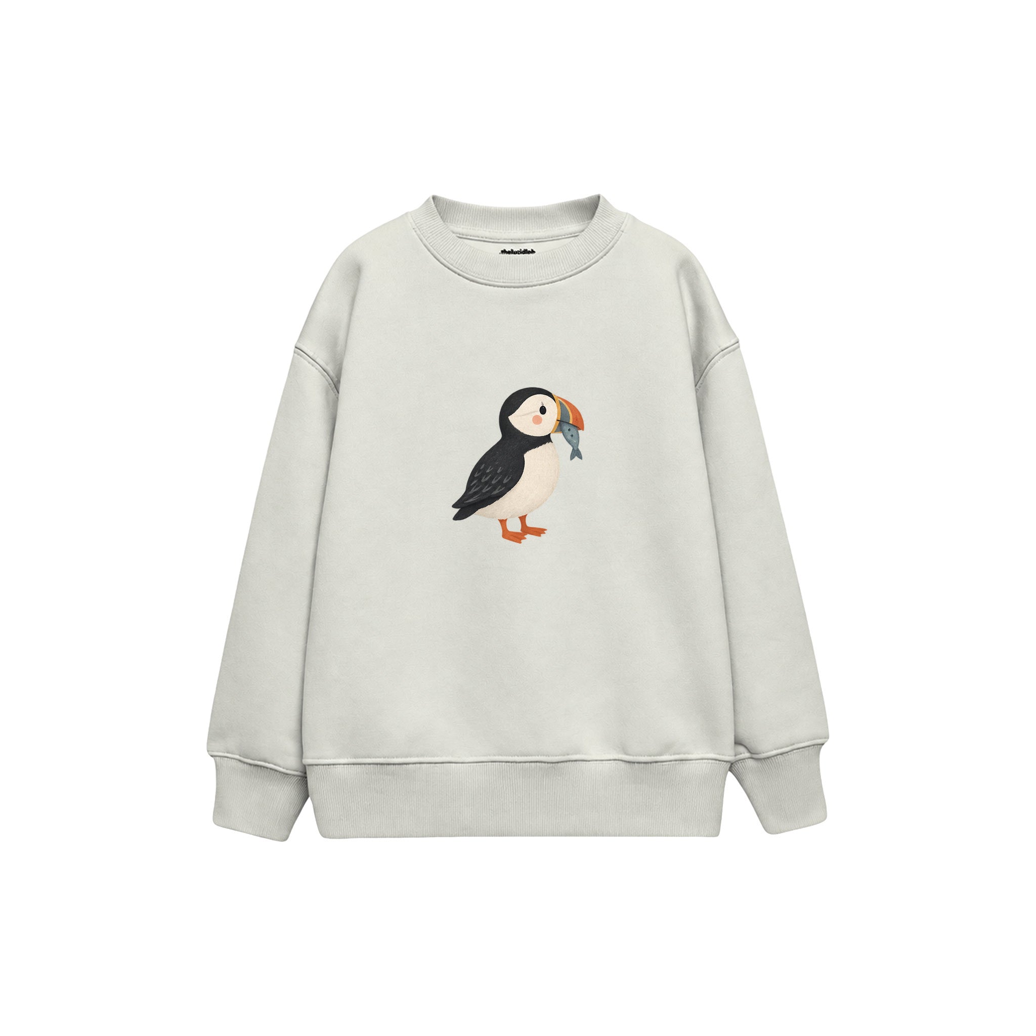 Puffin with a tiny fish Çocuk Sweatshirt — Beyaz — ön görünüm