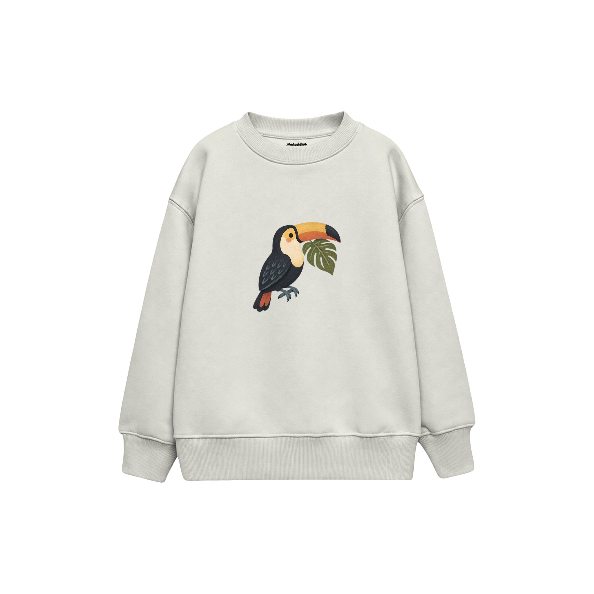 Toucan with a green leaf Çocuk Sweatshirt — Beyaz — ön görünüm