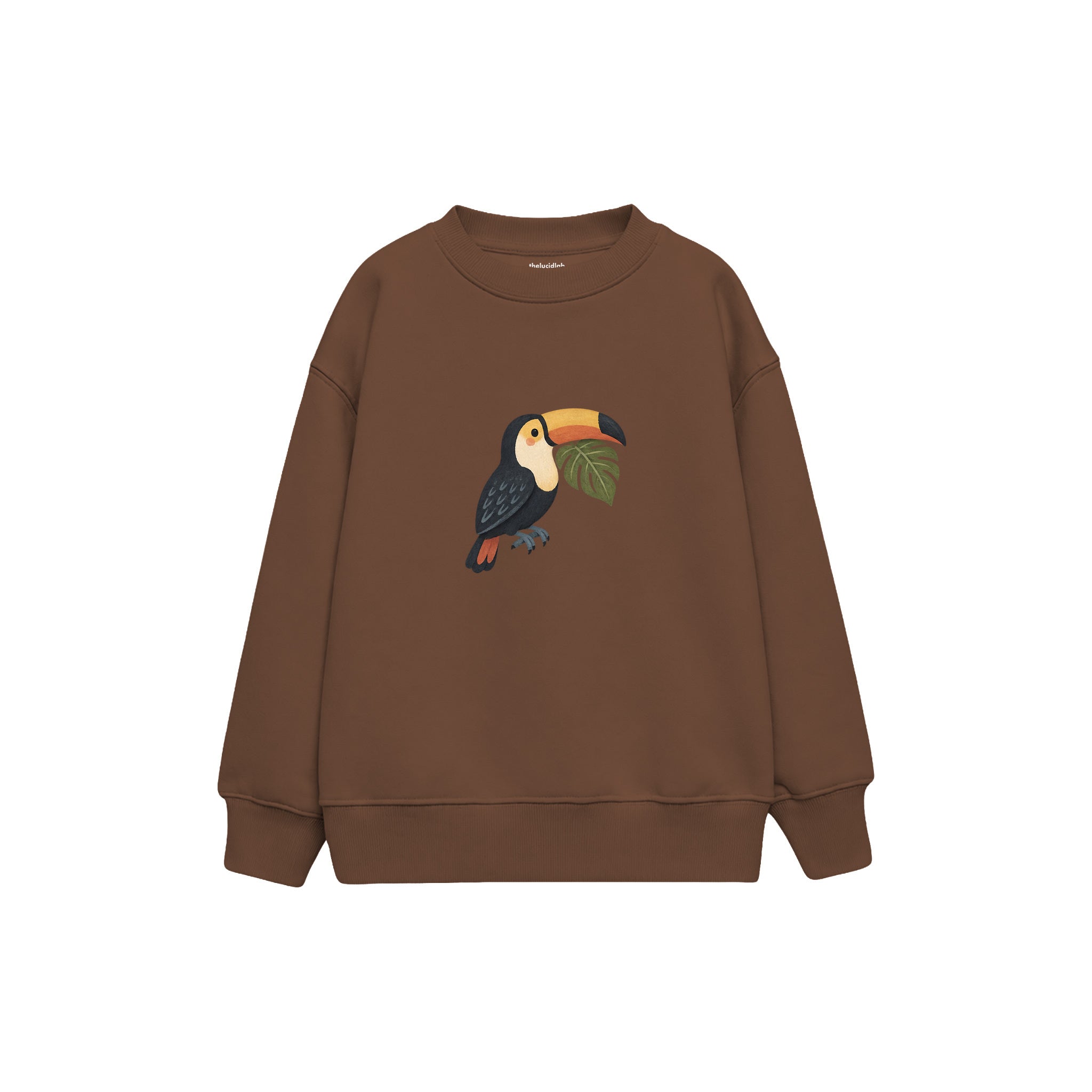 Toucan with a green leaf Çocuk Sweatshirt — Kahverengi — ön görünüm