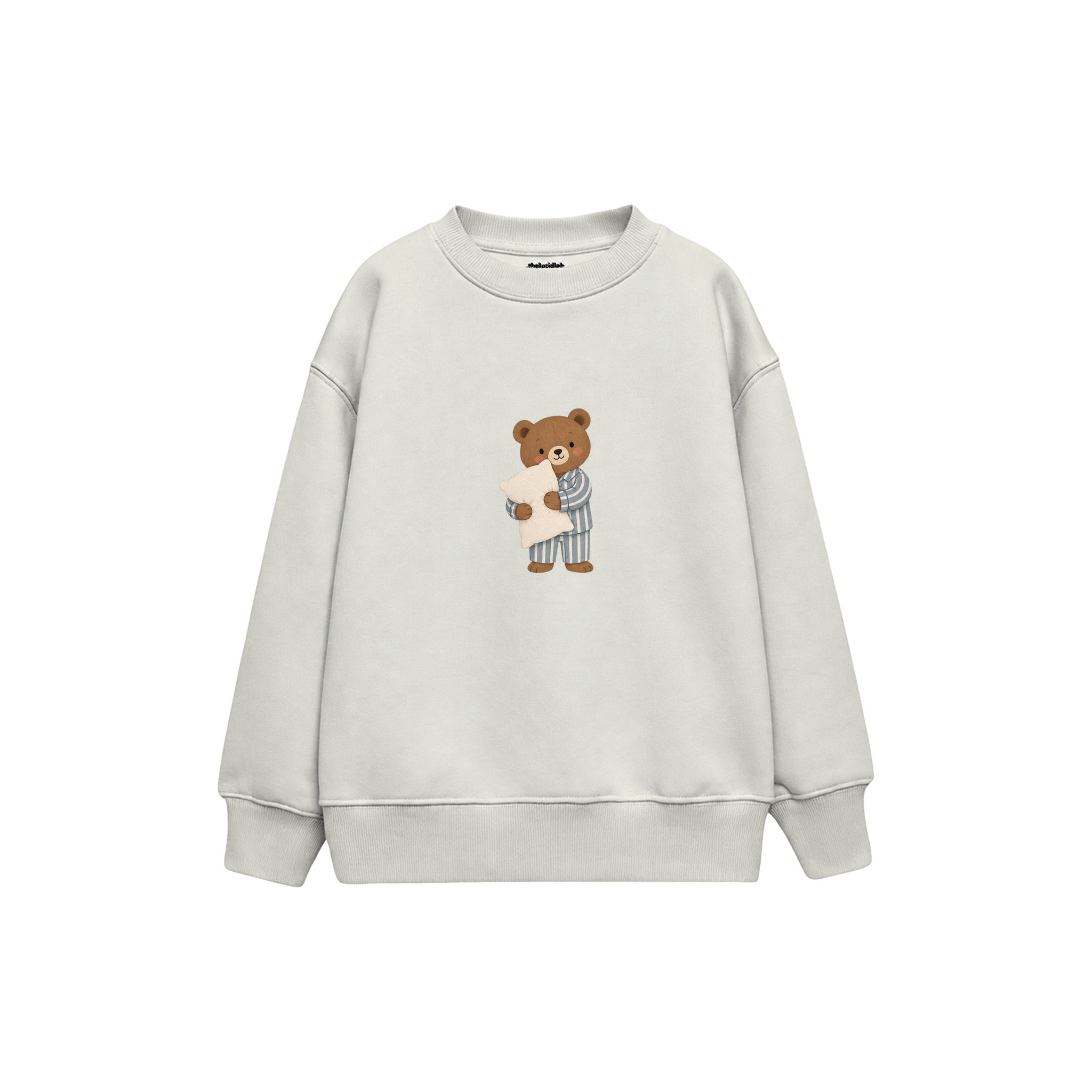 Bear in striped pajamas holding a pillow Çocuk Sweatshirt — Beyaz — ön görünüm