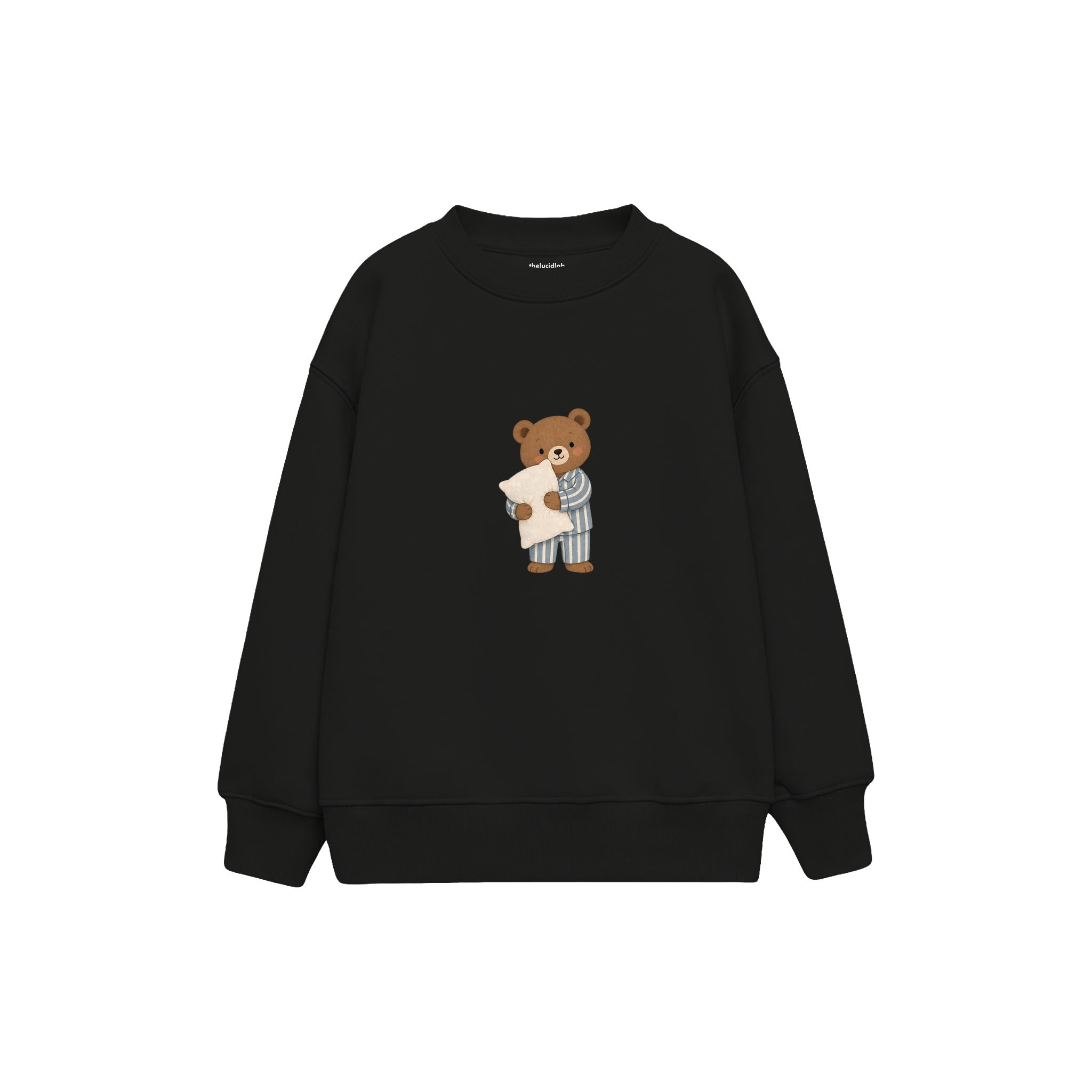 Bear in striped pajamas holding a pillow Çocuk Sweatshirt — Siyah — ön görünüm