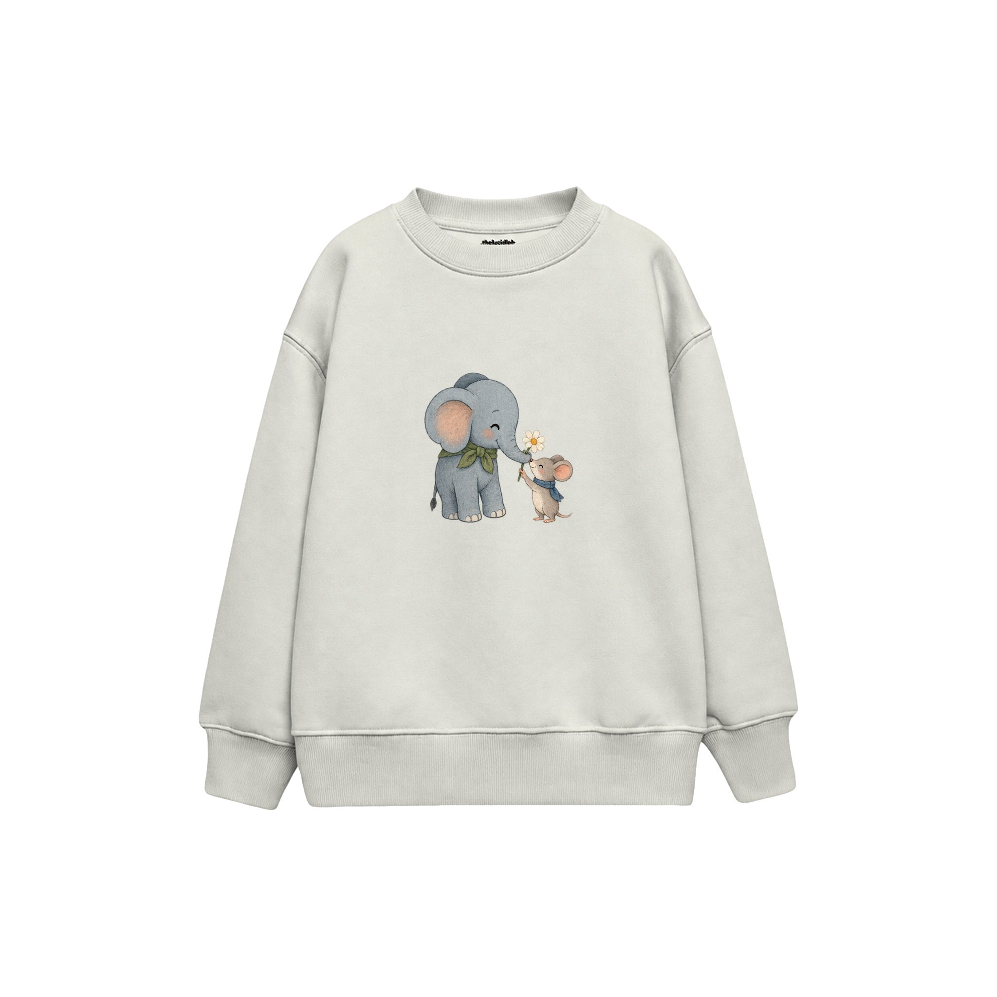 Elephant and mouse exchanging a flower Çocuk Sweatshirt — Beyaz — ön görünüm