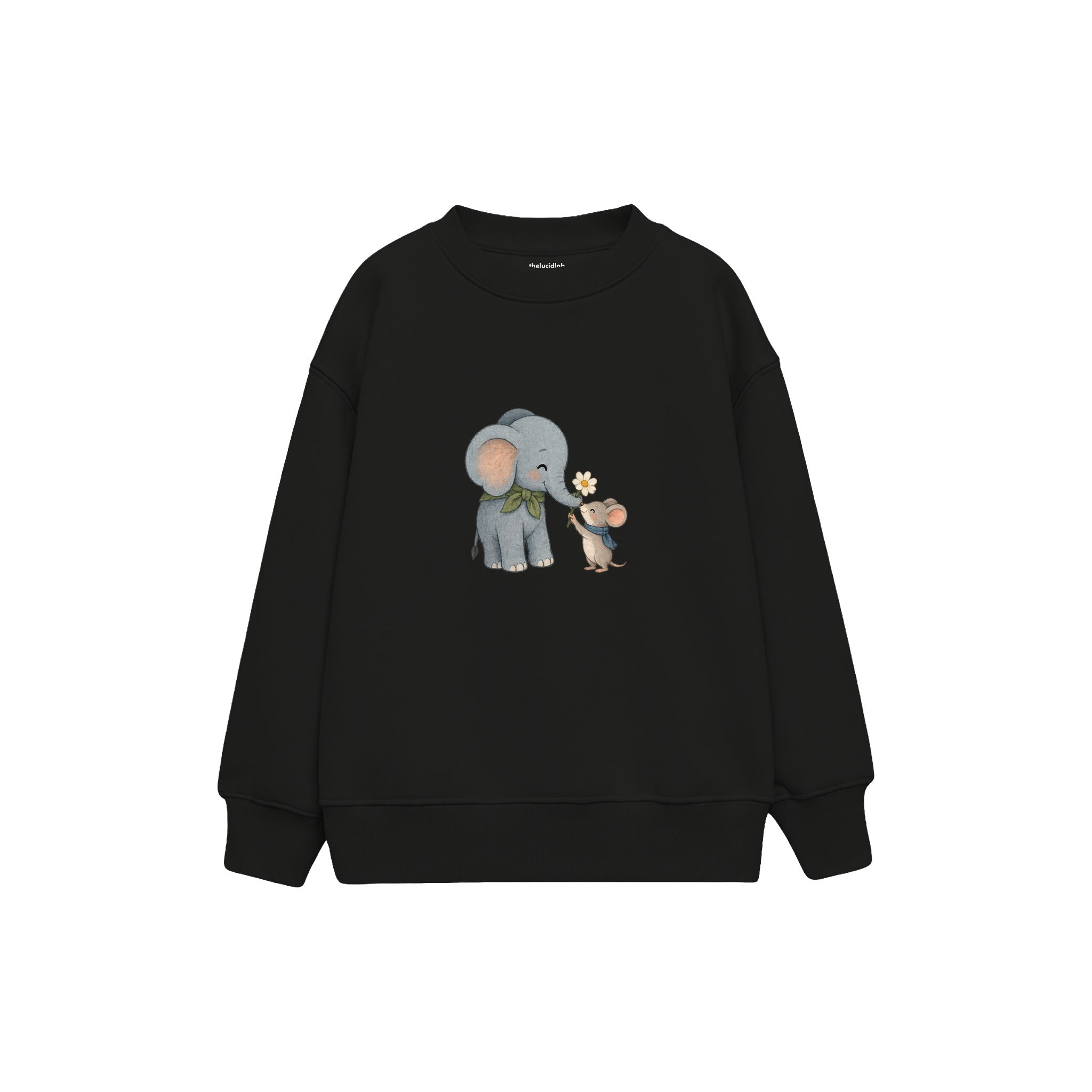 Elephant and mouse exchanging a flower Çocuk Sweatshirt — Siyah — ön görünüm
