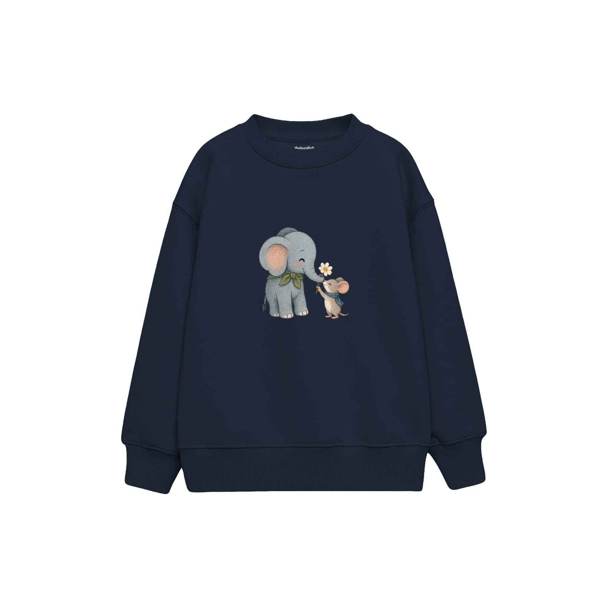 Elephant and mouse exchanging a flower Çocuk Sweatshirt — Lacivert — ön görünüm
