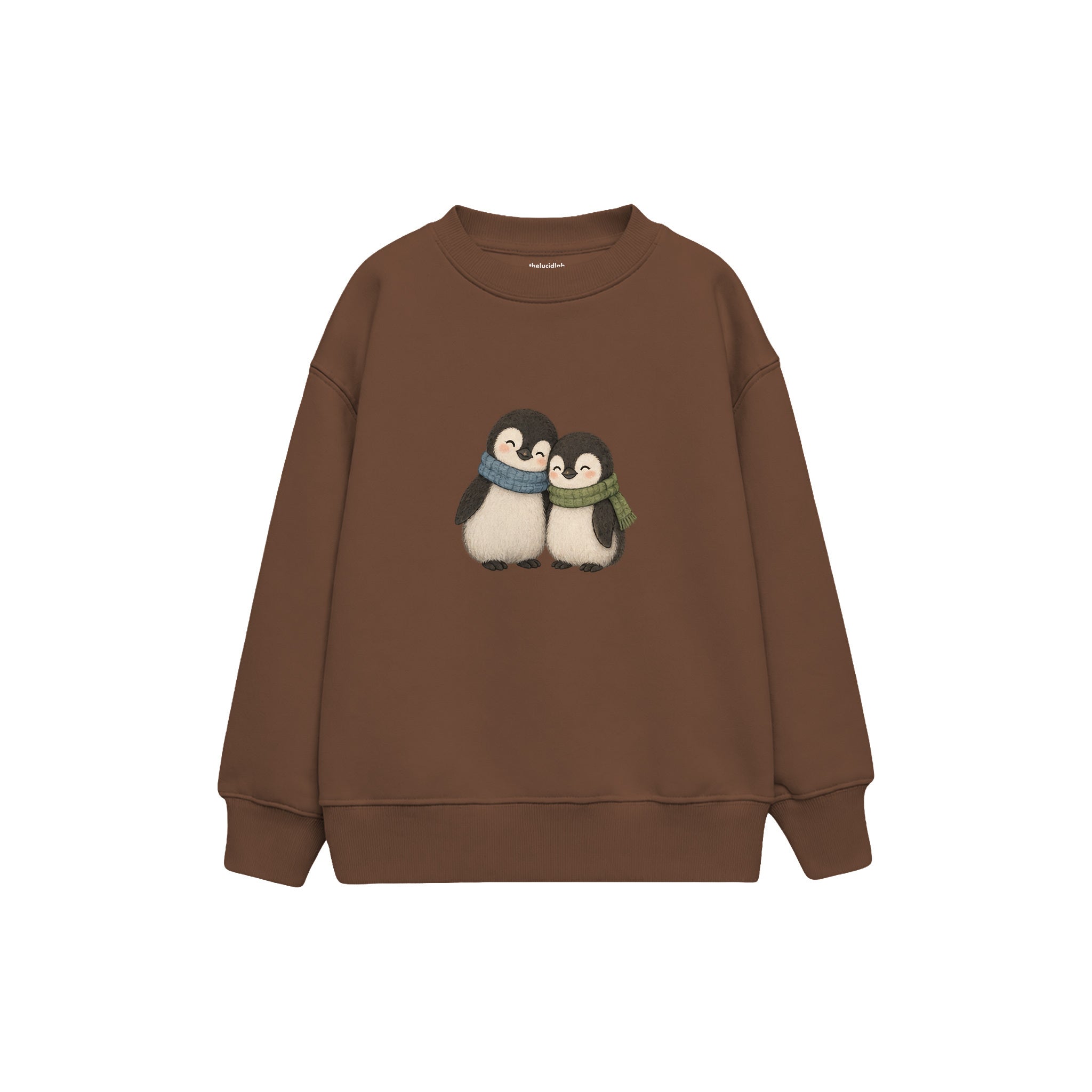 Two penguin chicks leaning together Çocuk Sweatshirt — Kahverengi — ön görünüm