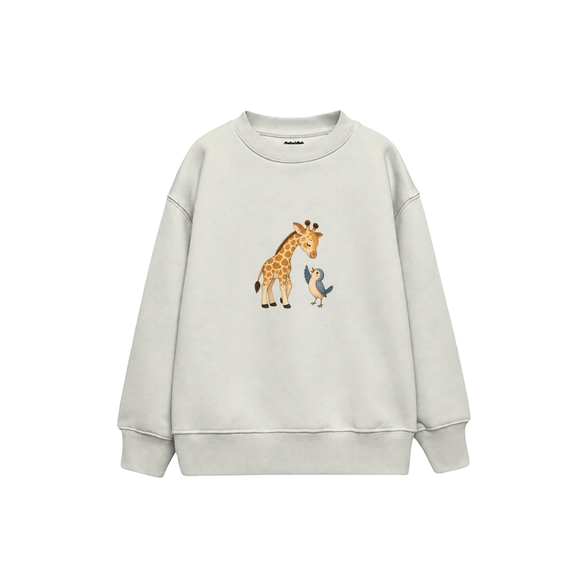 Giraffe and small bird saying hello Çocuk Sweatshirt — Beyaz — ön görünüm