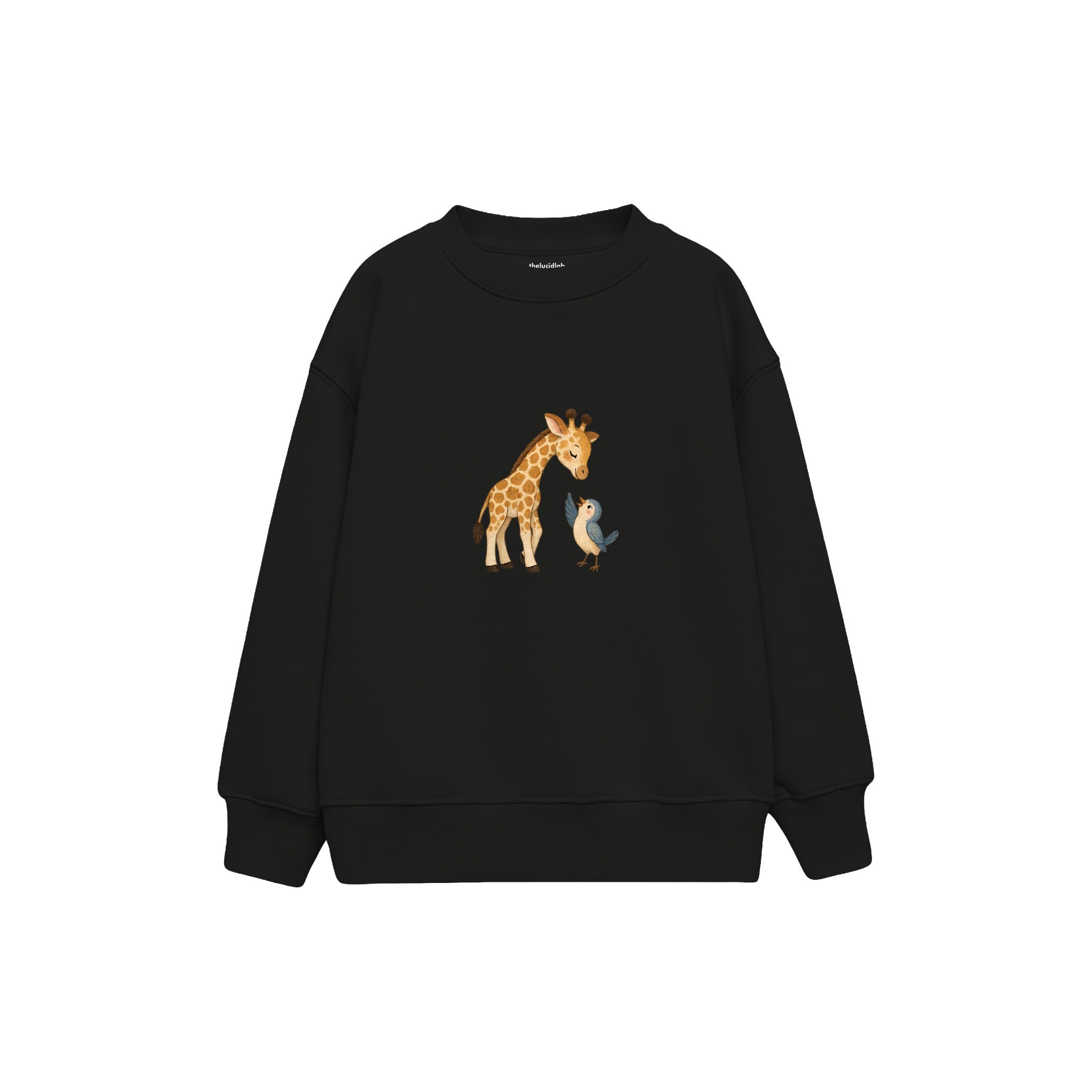 Giraffe and small bird saying hello Çocuk Sweatshirt — Siyah — ön görünüm