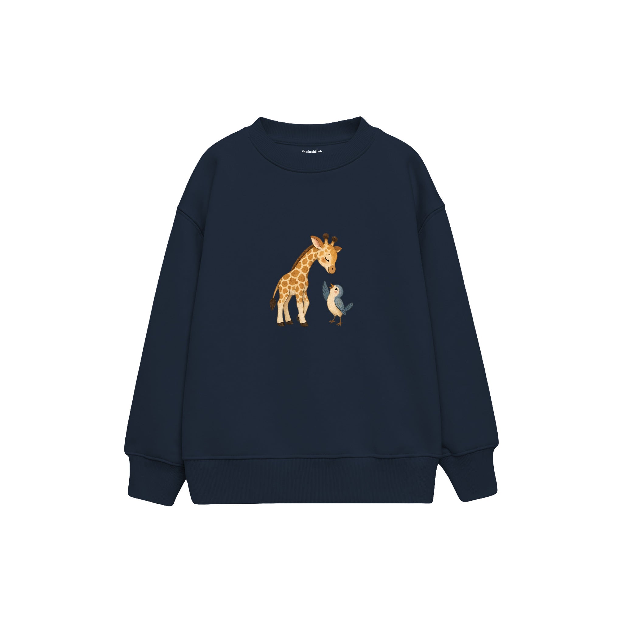 Giraffe and small bird saying hello Çocuk Sweatshirt — Lacivert — ön görünüm