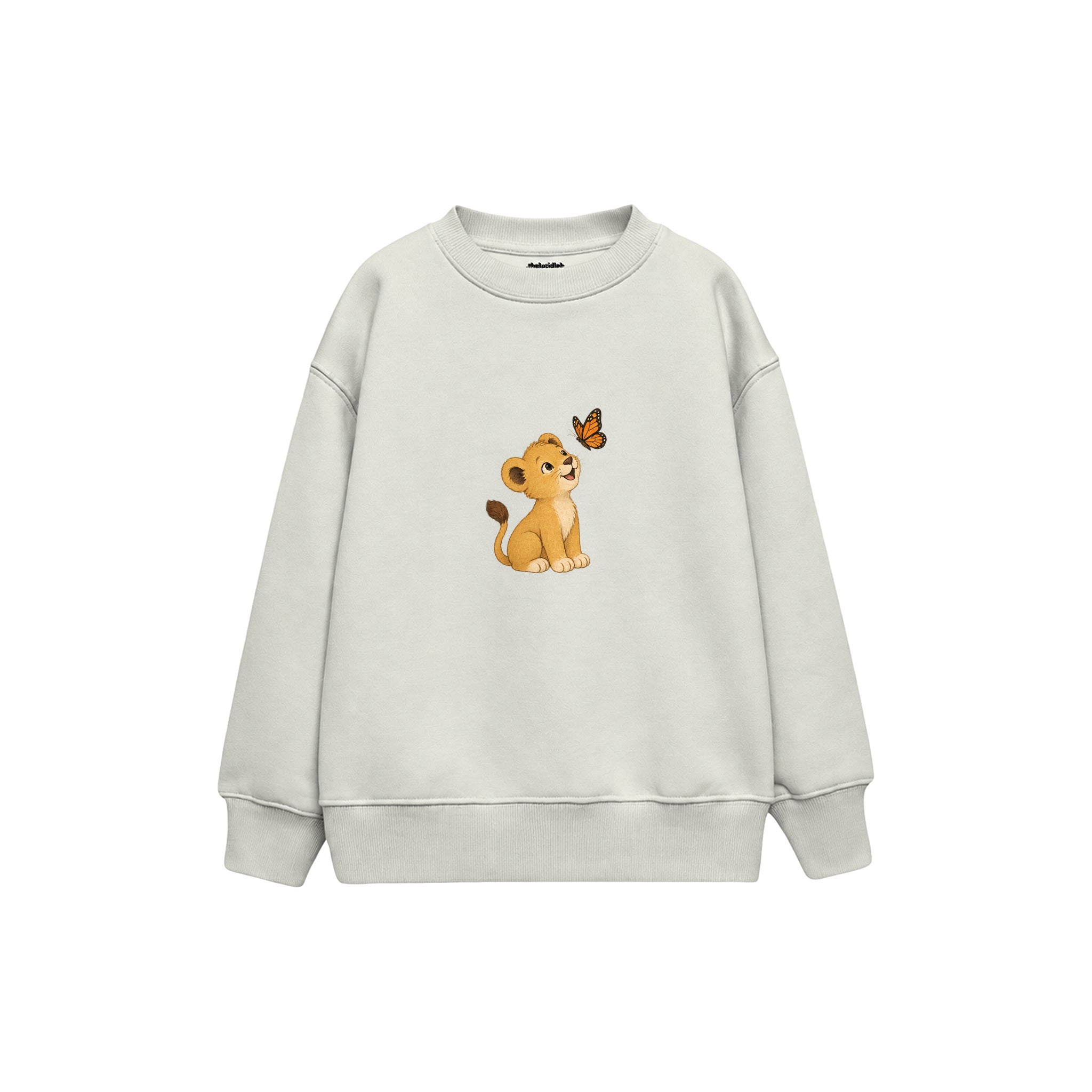 Lion cub and butterfly Çocuk Sweatshirt — Beyaz — ön görünüm