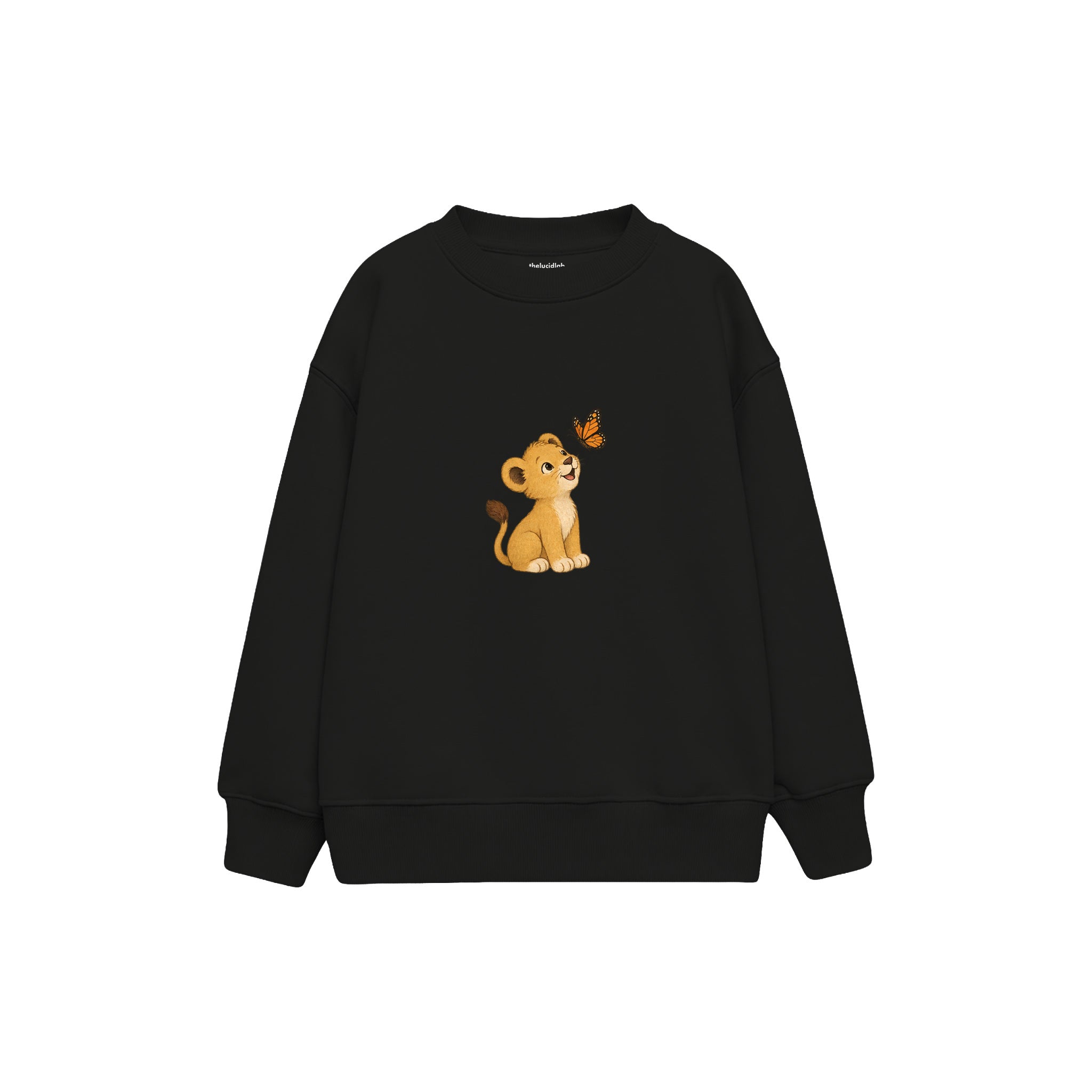 Lion cub and butterfly Çocuk Sweatshirt — Siyah — ön görünüm