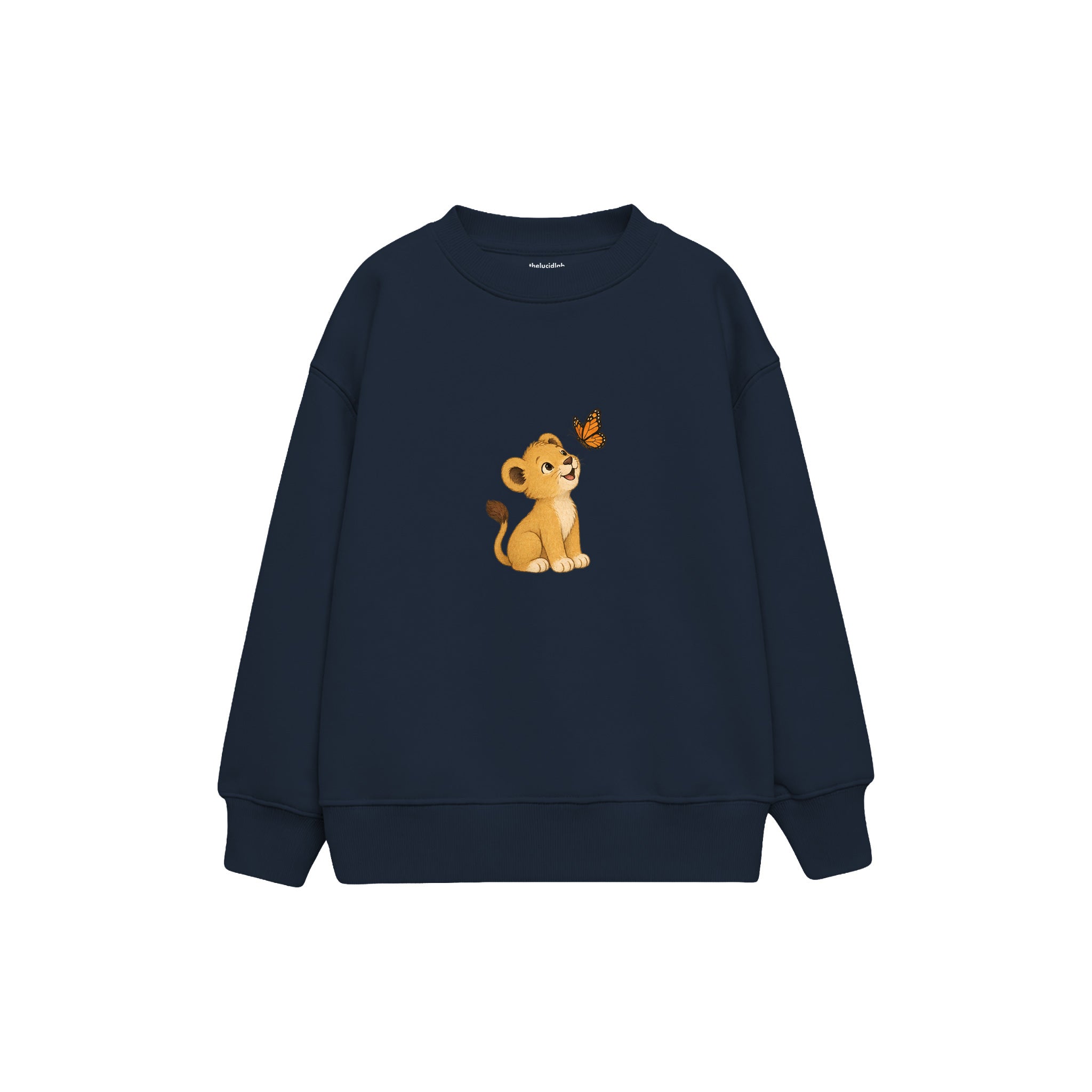 Lion cub and butterfly Çocuk Sweatshirt — Lacivert — ön görünüm