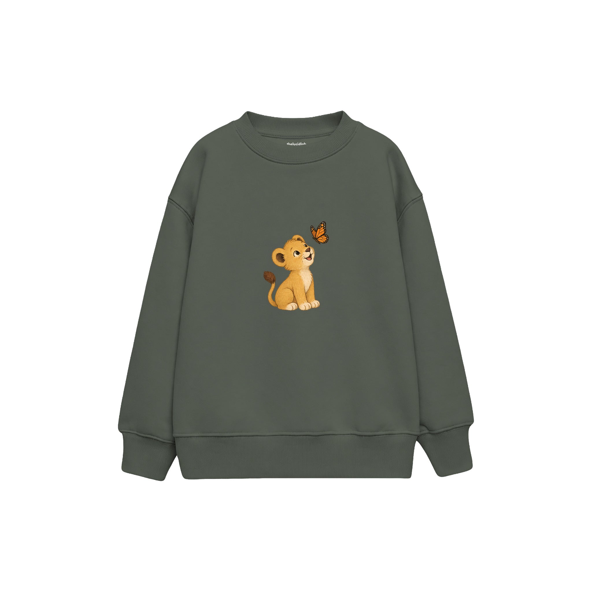 Lion cub and butterfly Çocuk Sweatshirt — Antrasit — ön görünüm