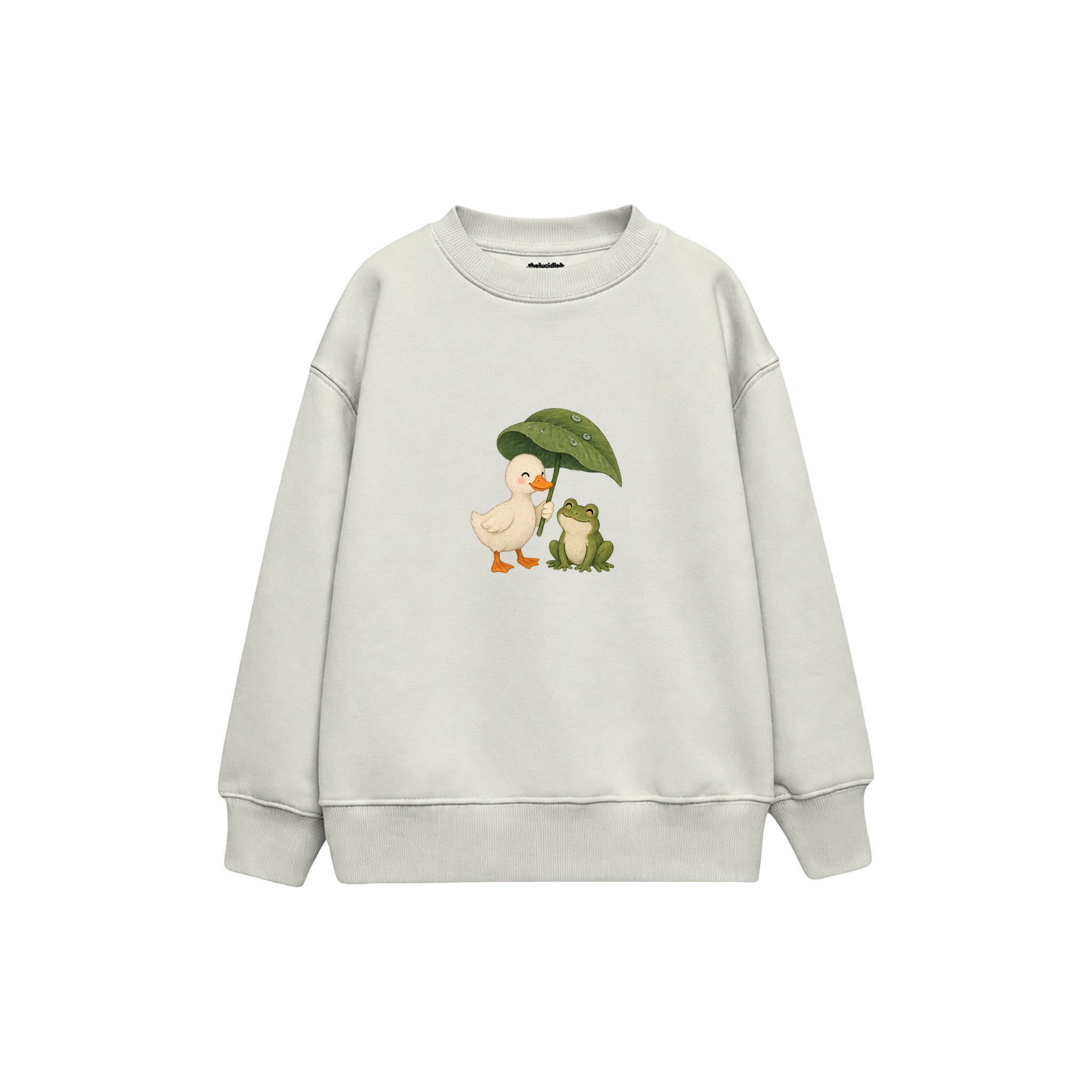 Duck and frog sharing a leaf umbrella Çocuk Sweatshirt — Beyaz — ön görünüm