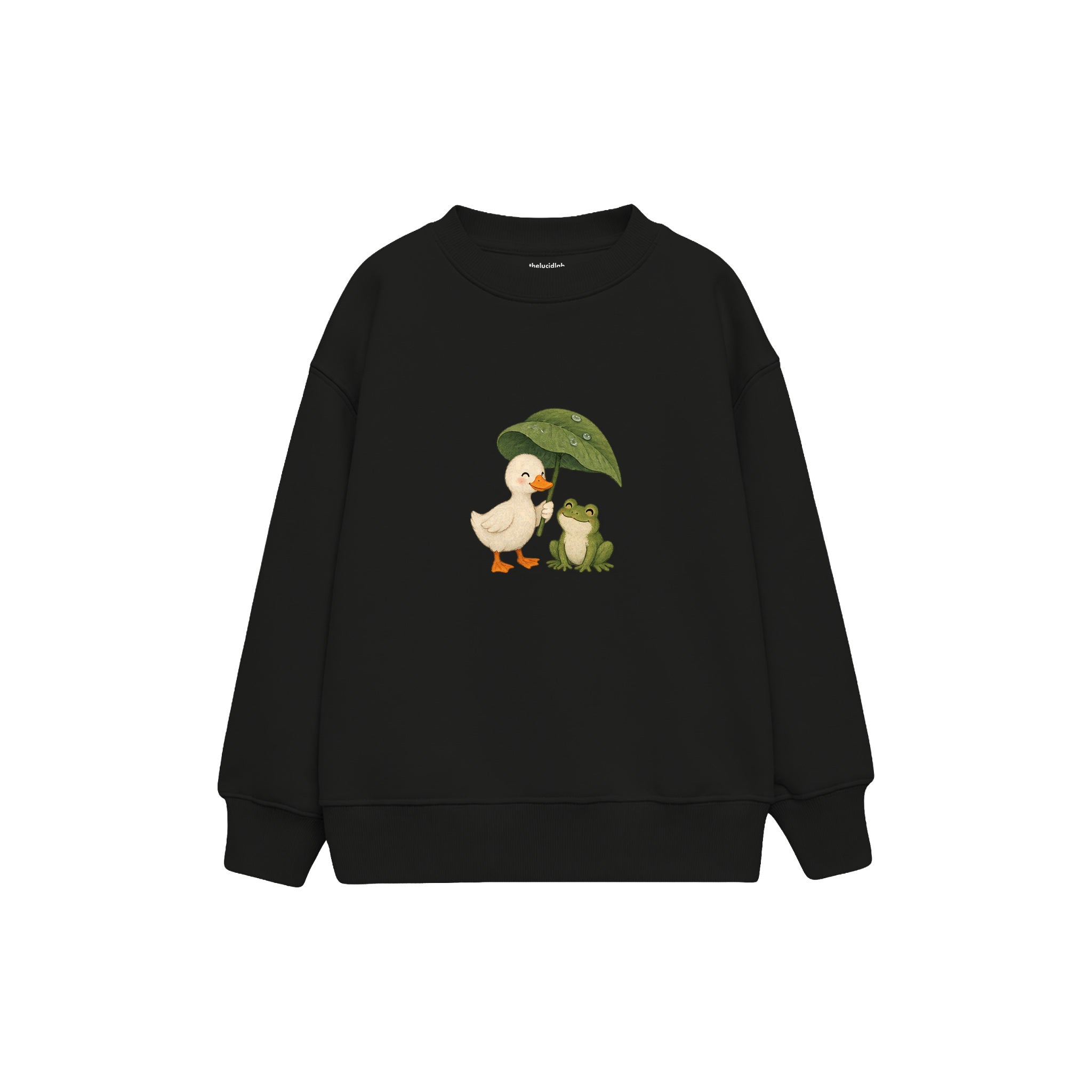 Duck and frog sharing a leaf umbrella Çocuk Sweatshirt — Siyah — ön görünüm