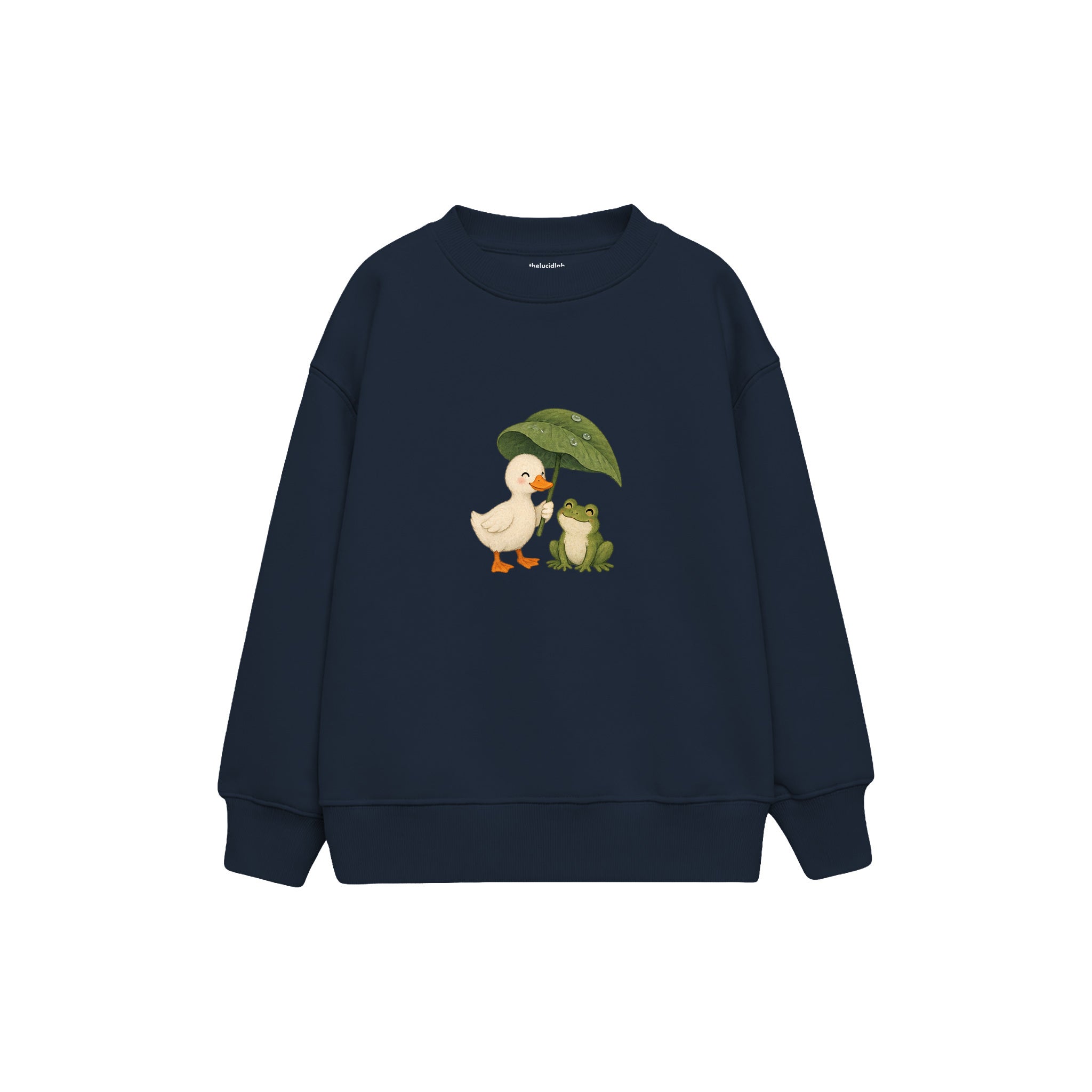 Duck and frog sharing a leaf umbrella Çocuk Sweatshirt — Lacivert — ön görünüm