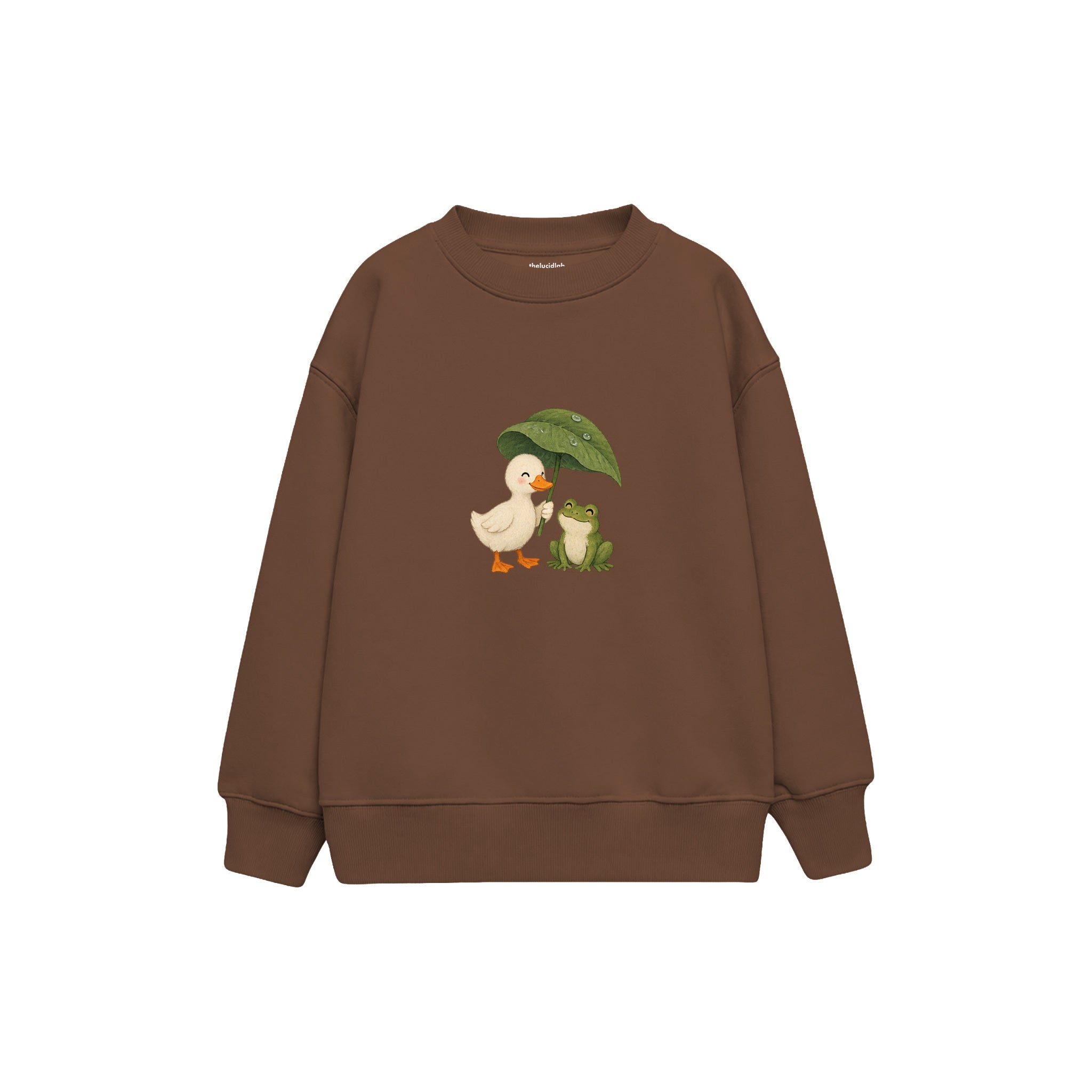 Duck and frog sharing a leaf umbrella Çocuk Sweatshirt — Kahverengi — ön görünüm