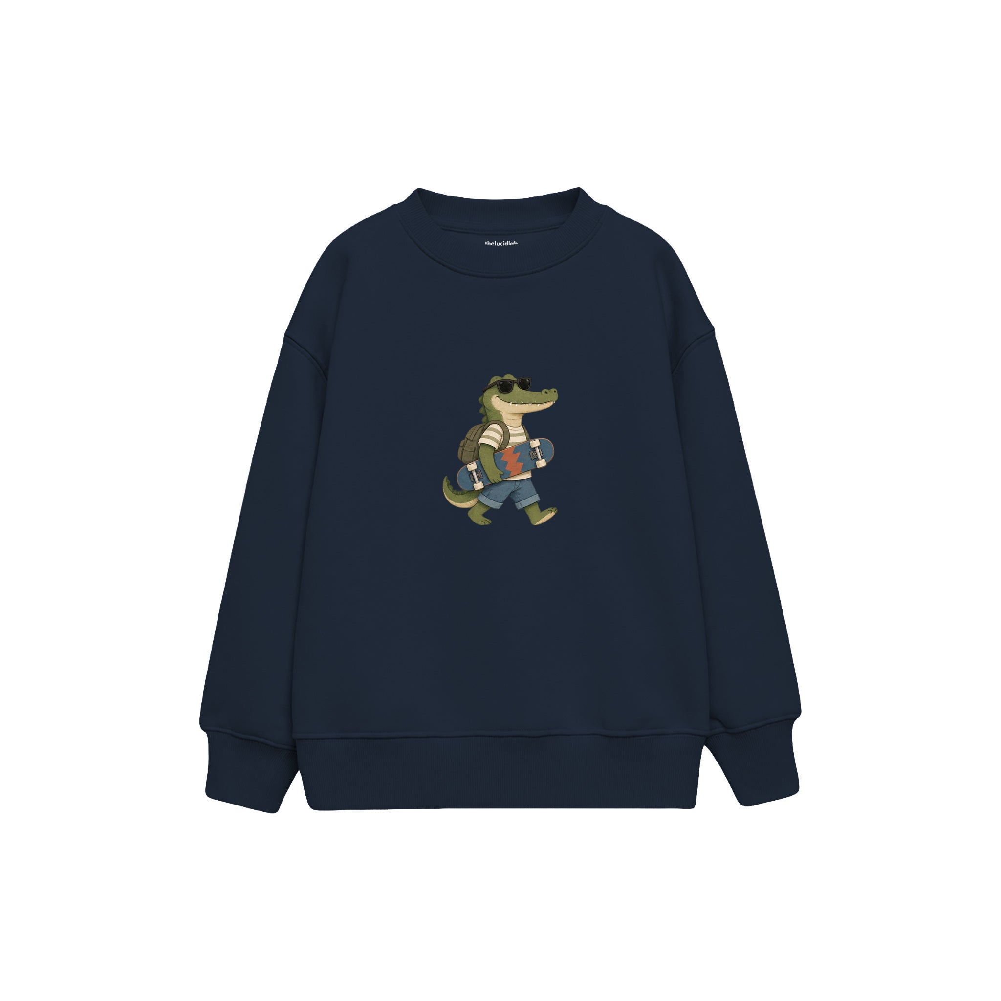 Crocodile carrying a skateboard wearing sunglasses Çocuk Sweatshirt — Lacivert — ön görünüm
