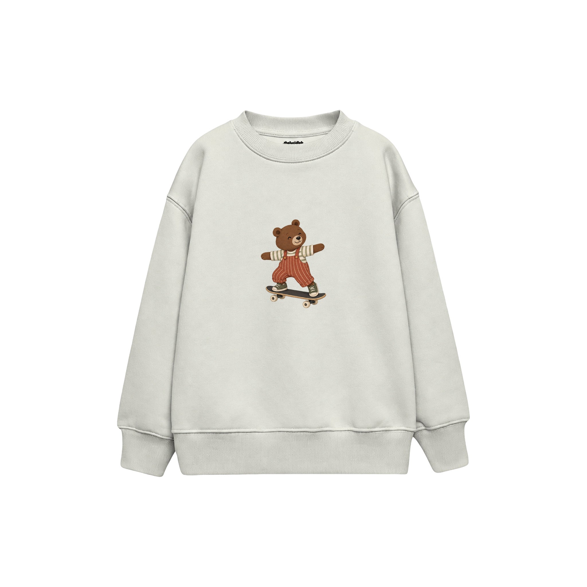 Bear skateboarding in rust striped overalls Çocuk Sweatshirt — Beyaz — ön görünüm