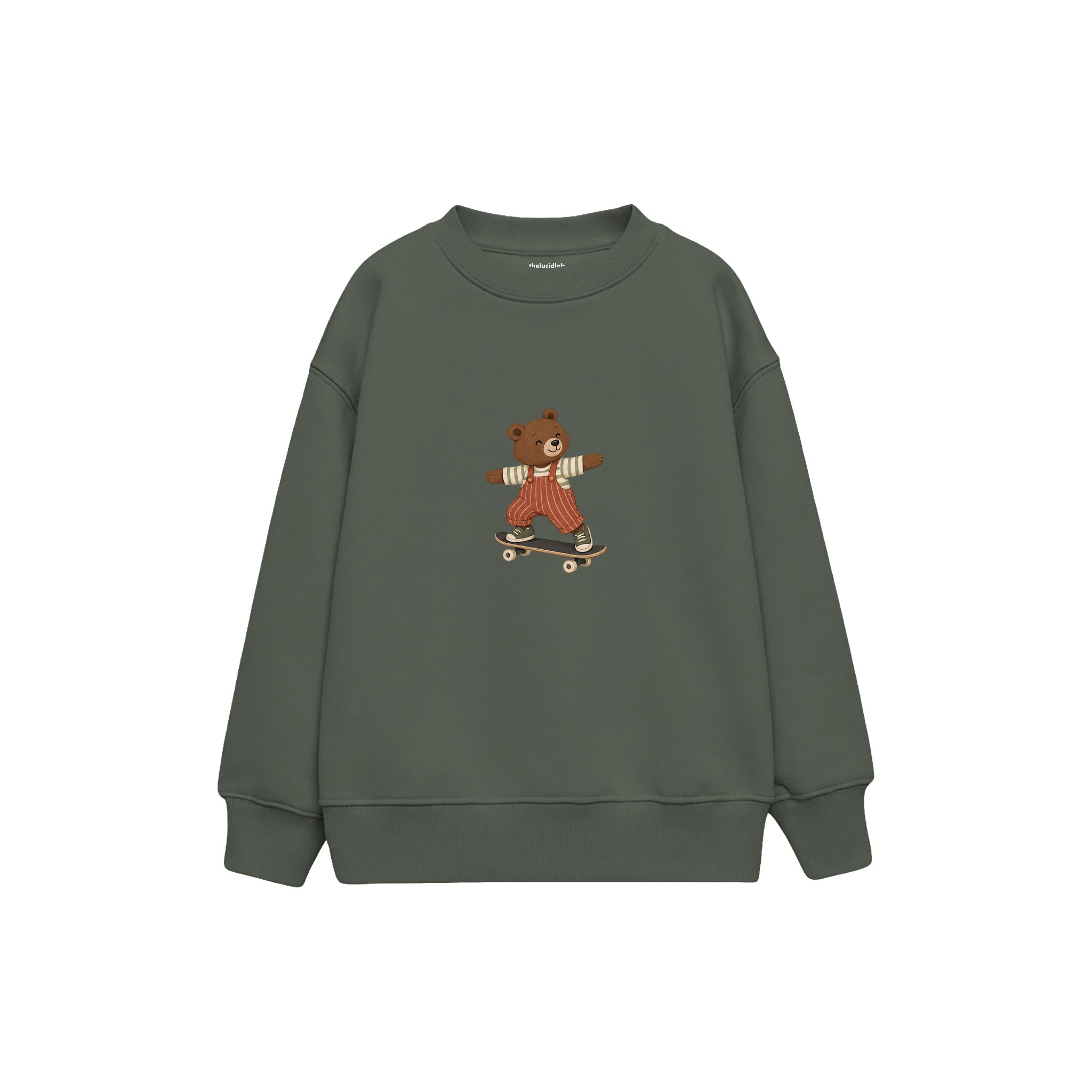 Bear skateboarding in rust striped overalls Çocuk Sweatshirt — Antrasit — ön görünüm
