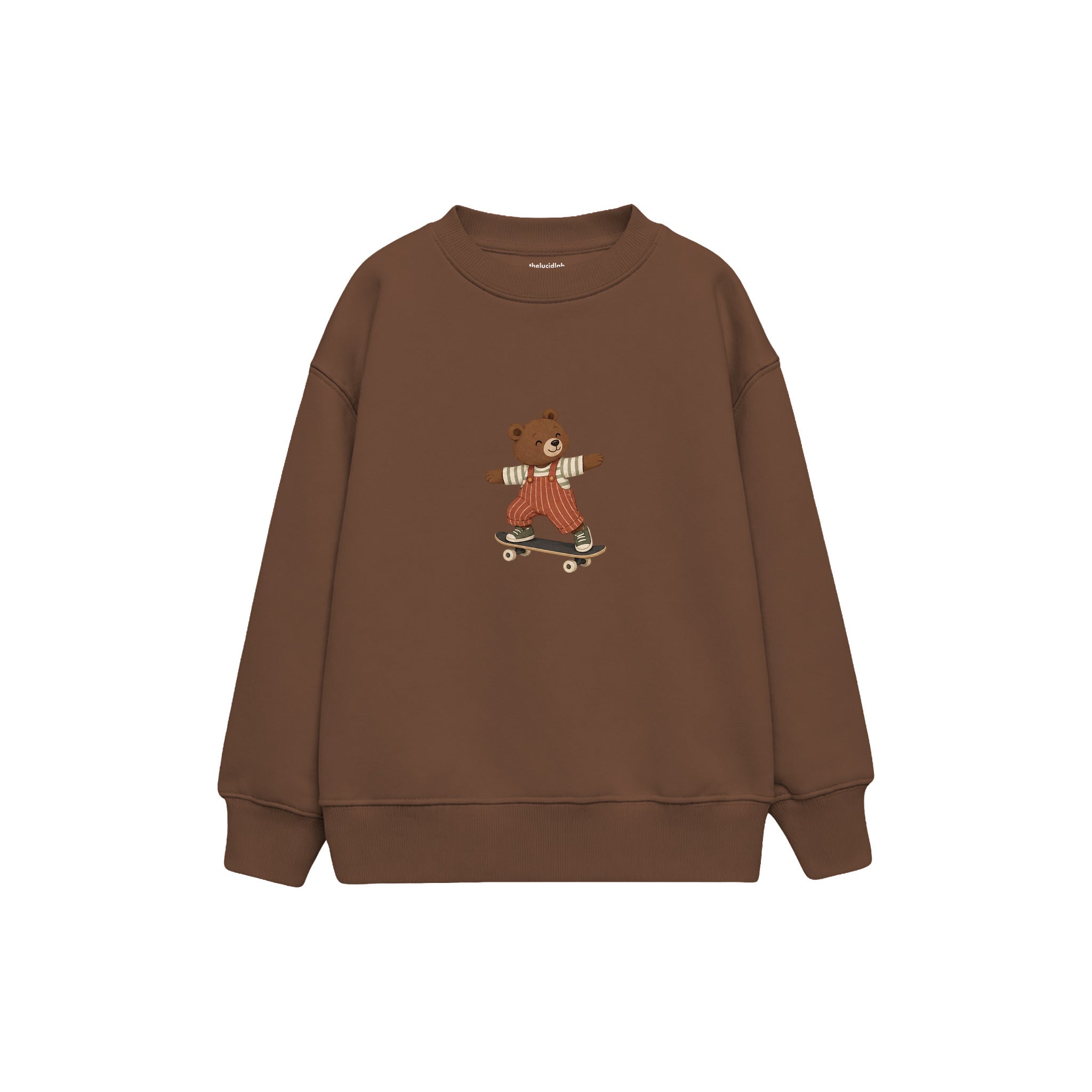 Bear skateboarding in rust striped overalls Çocuk Sweatshirt — Kahverengi — ön görünüm