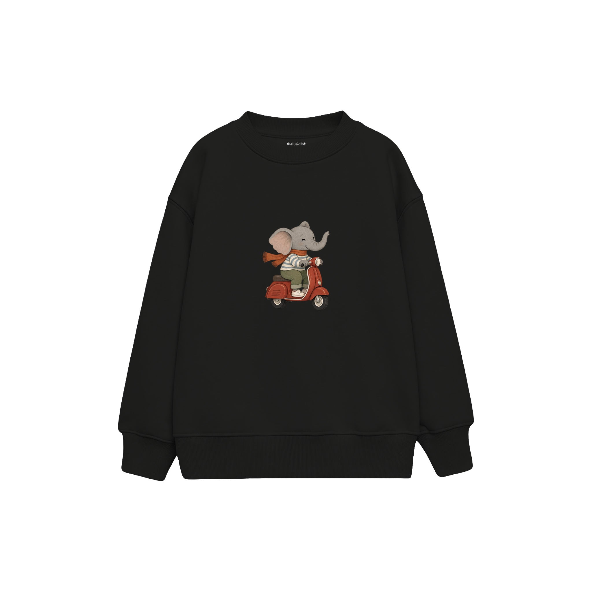 Elephant riding a vintage red scooter Çocuk Sweatshirt — Siyah — ön görünüm