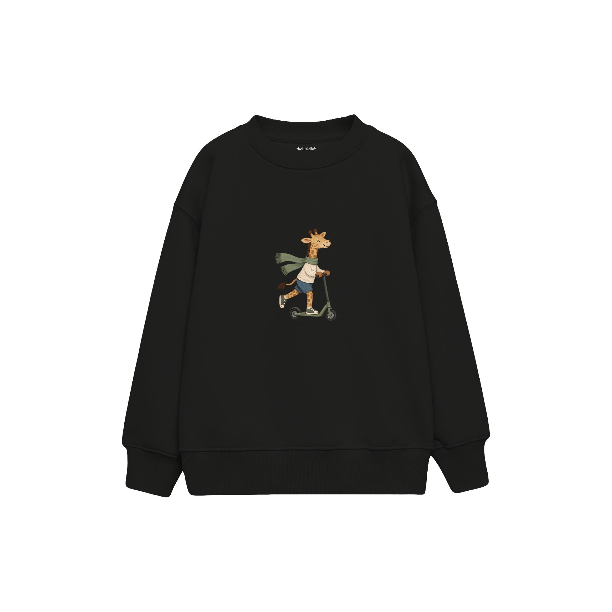 Giraffe on a kick scooter with a scarf Çocuk Sweatshirt — Siyah — ön görünüm