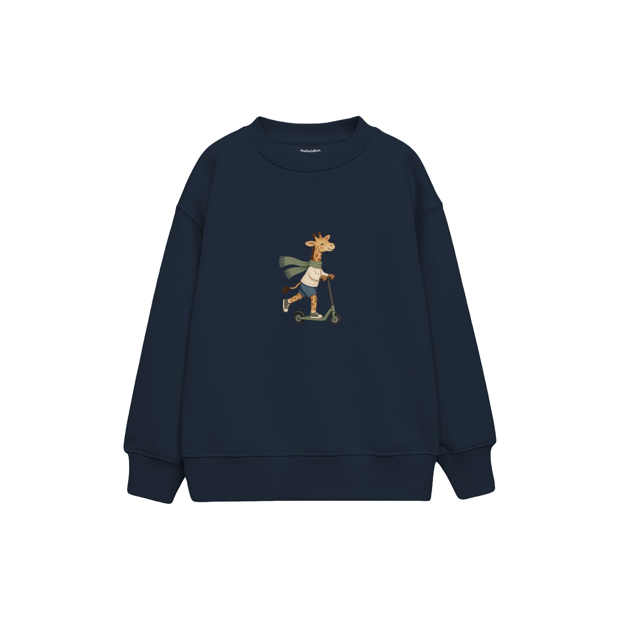 Giraffe on a kick scooter with a scarf Çocuk Sweatshirt — Lacivert — ön görünüm