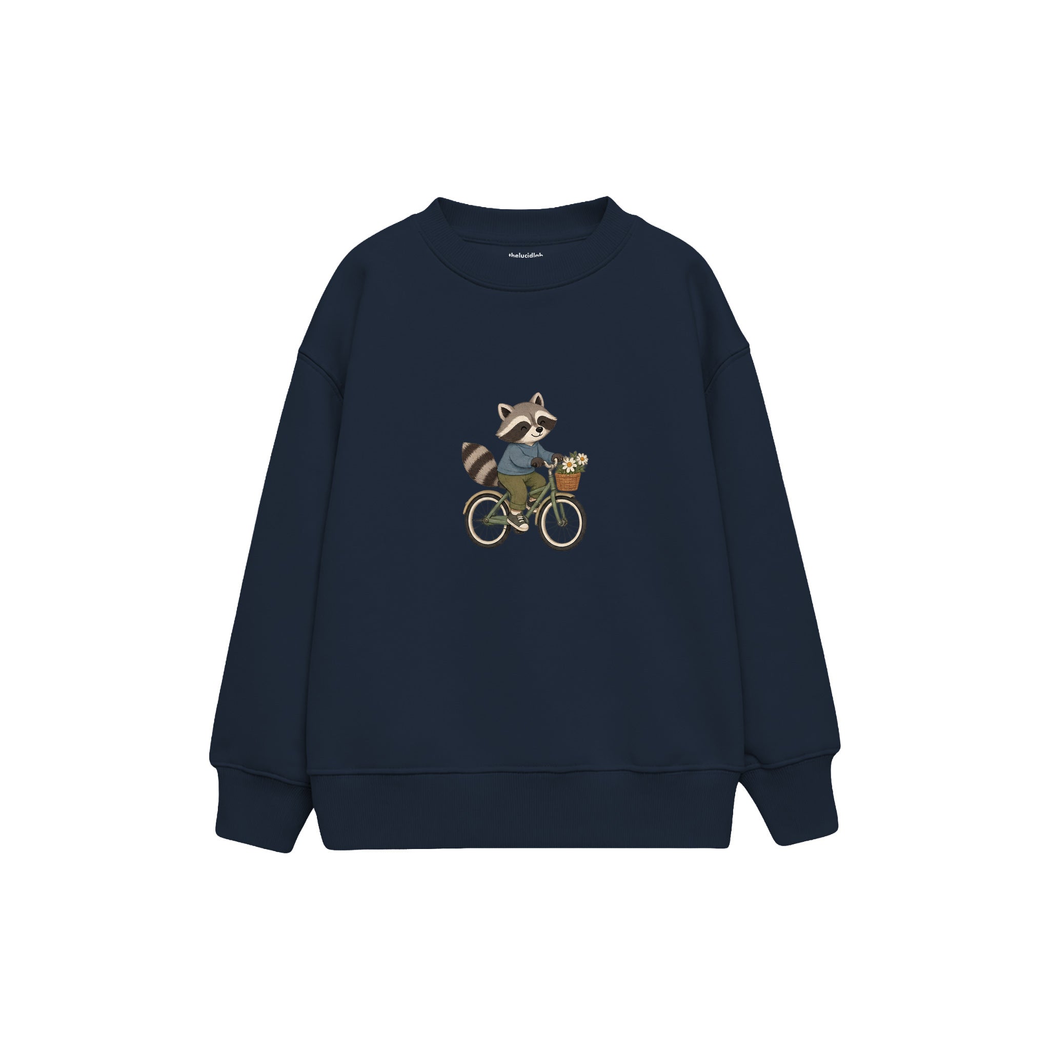 Raccoon riding a bicycle with tiny basket Çocuk Sweatshirt — Lacivert — ön görünüm
