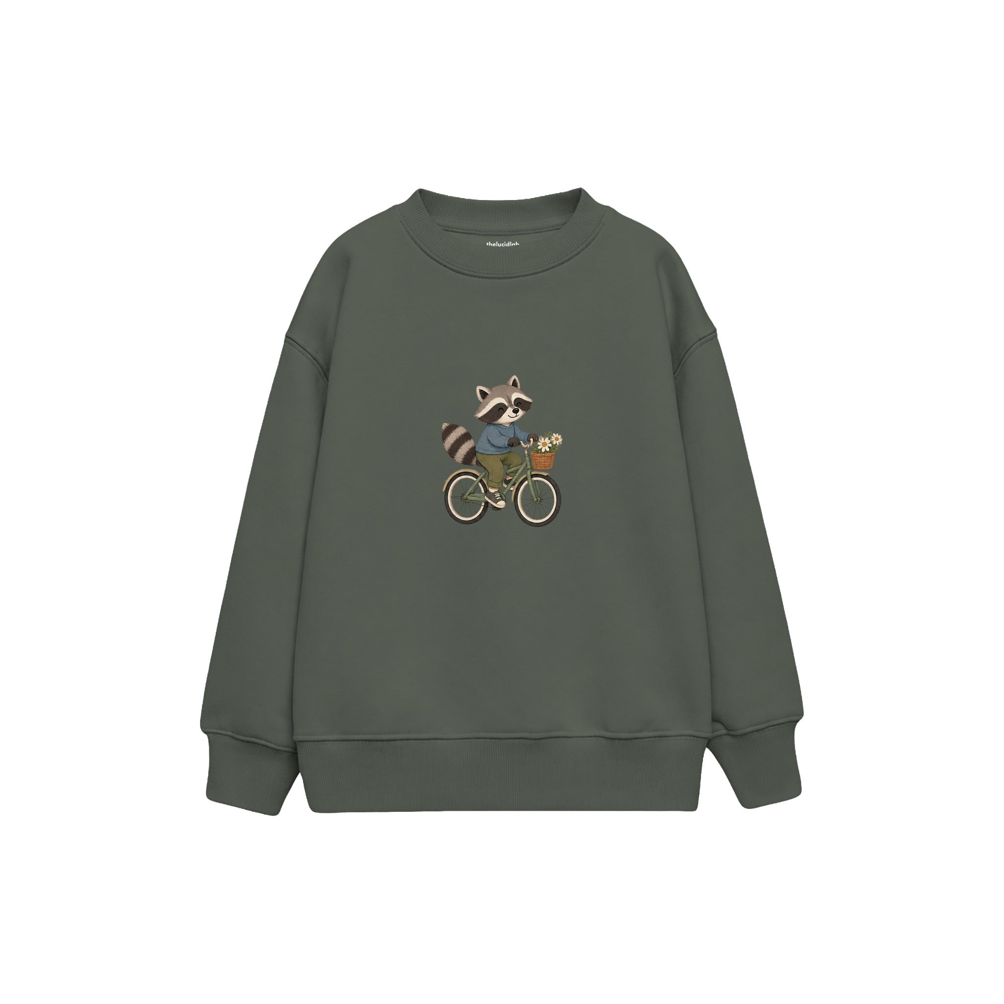 Raccoon riding a bicycle with tiny basket Çocuk Sweatshirt — Antrasit — ön görünüm