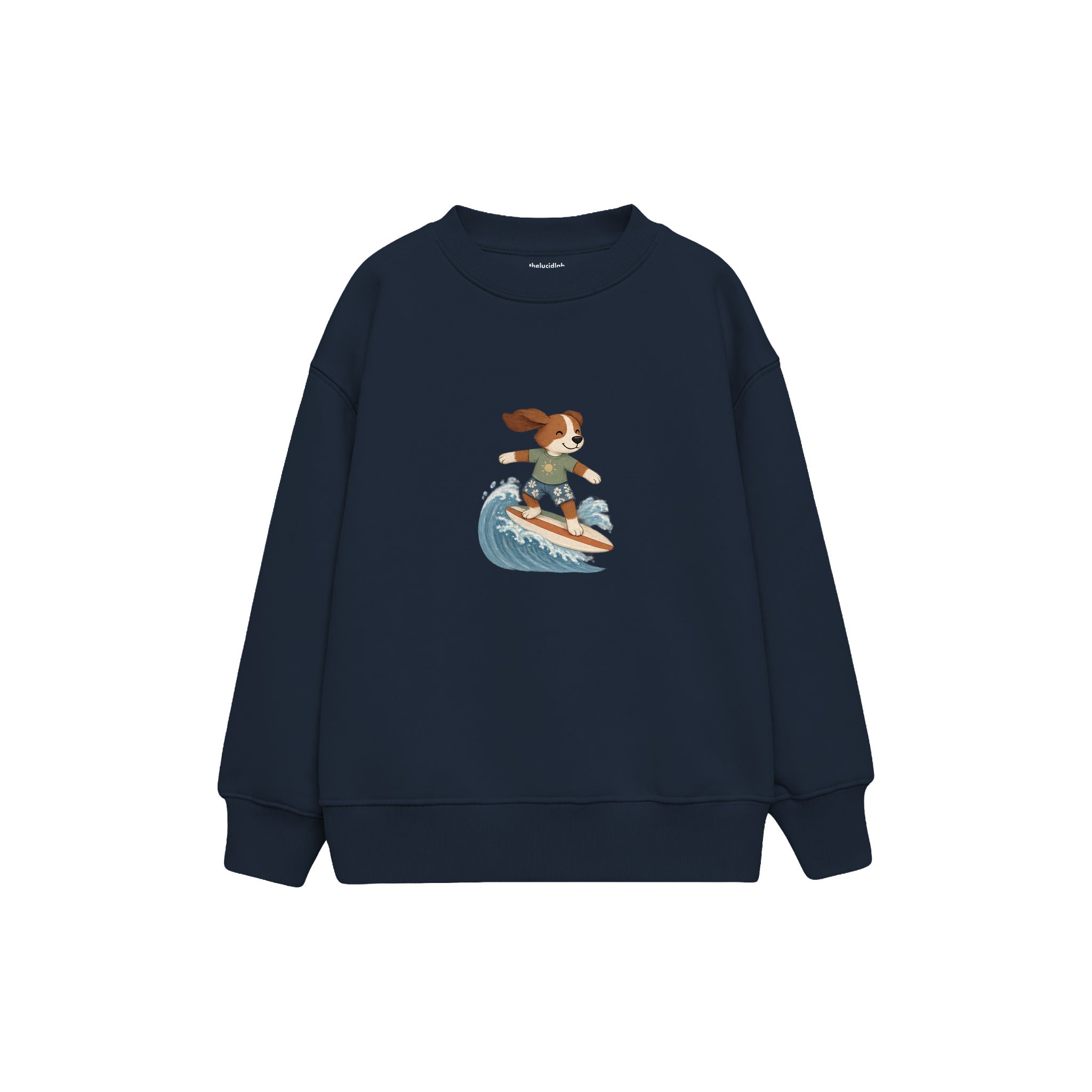 Dog surfing on a small wave Çocuk Sweatshirt — Lacivert — ön görünüm