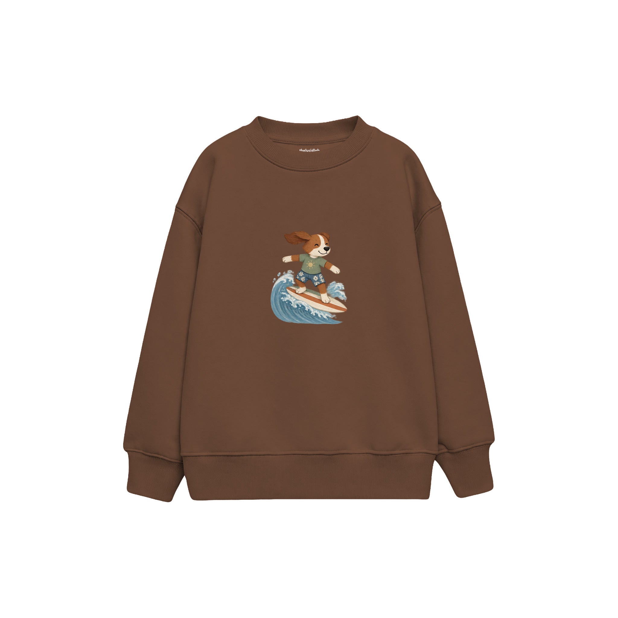 Dog surfing on a small wave Çocuk Sweatshirt — Kahverengi — ön görünüm