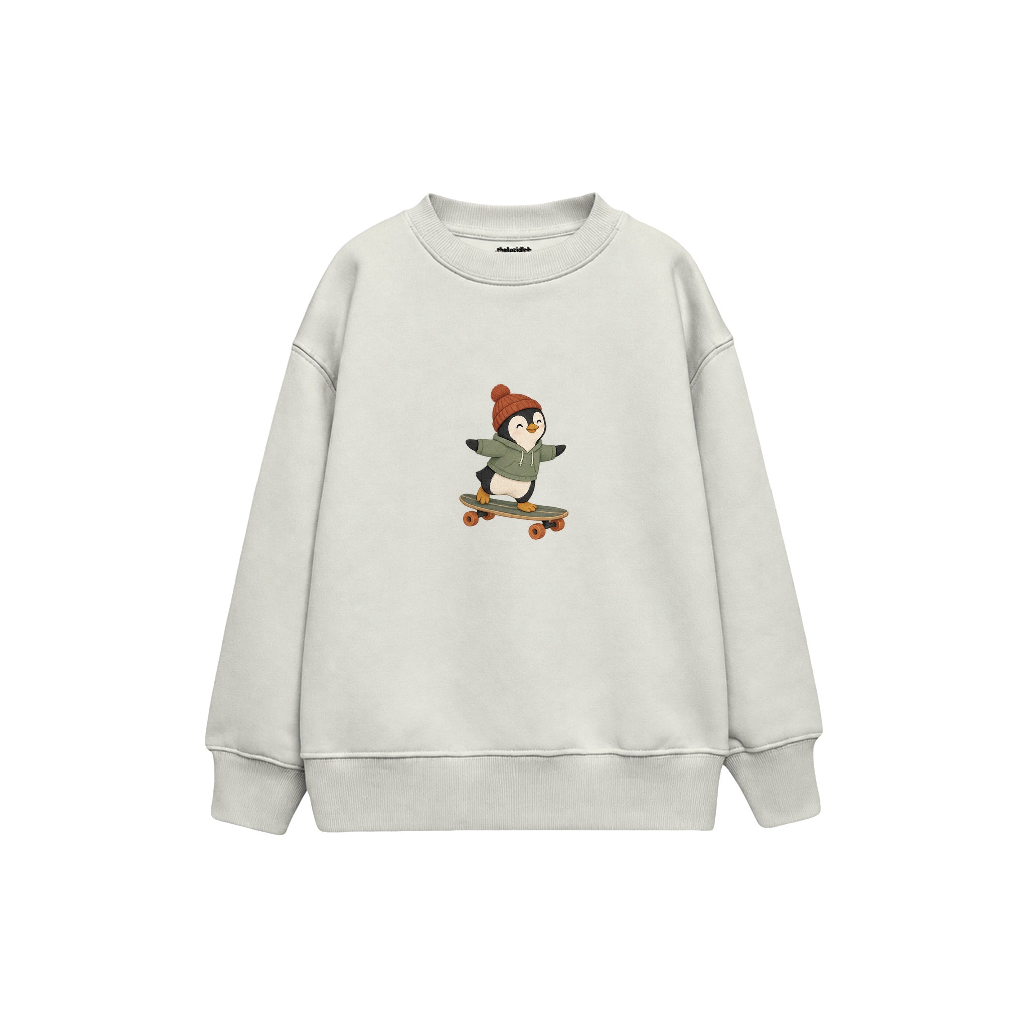 Penguin on a longboard wearing a beanie Çocuk Sweatshirt — Beyaz — ön görünüm
