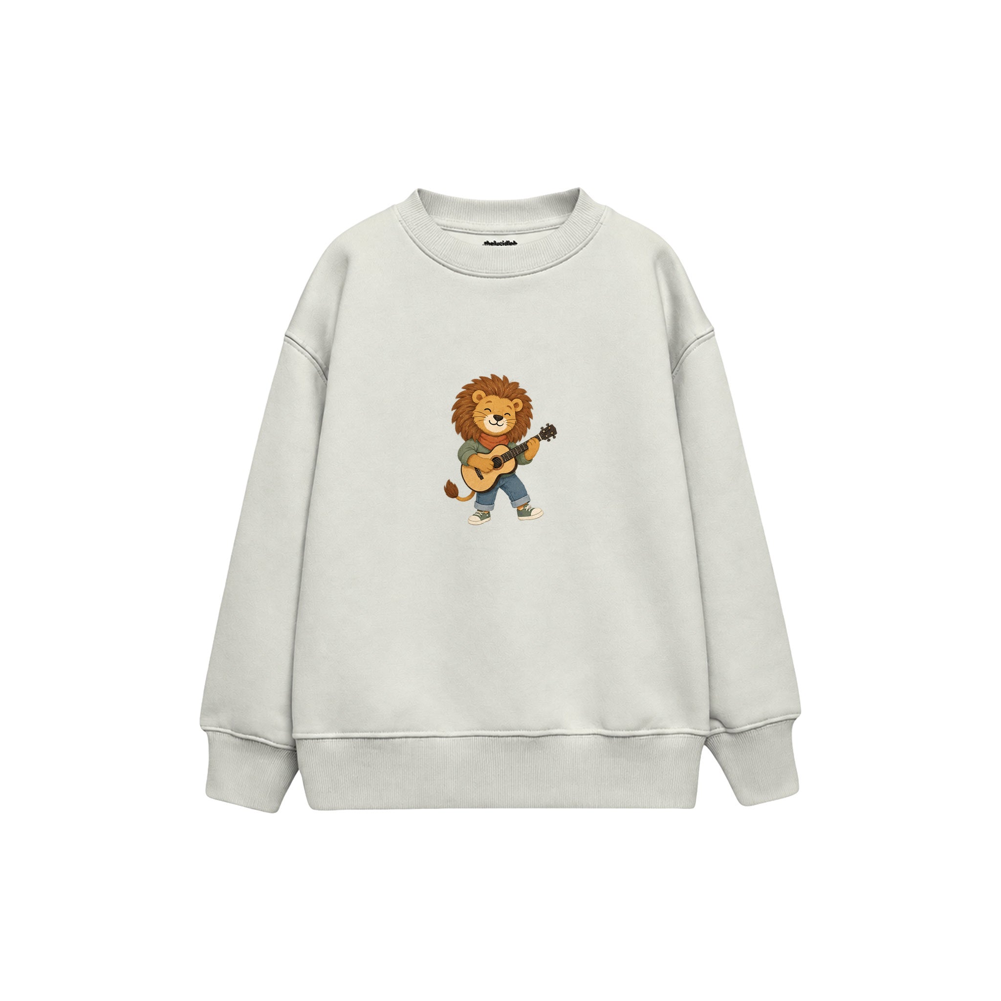 Lion playing a tiny acoustic guitar Çocuk Sweatshirt — Beyaz — ön görünüm