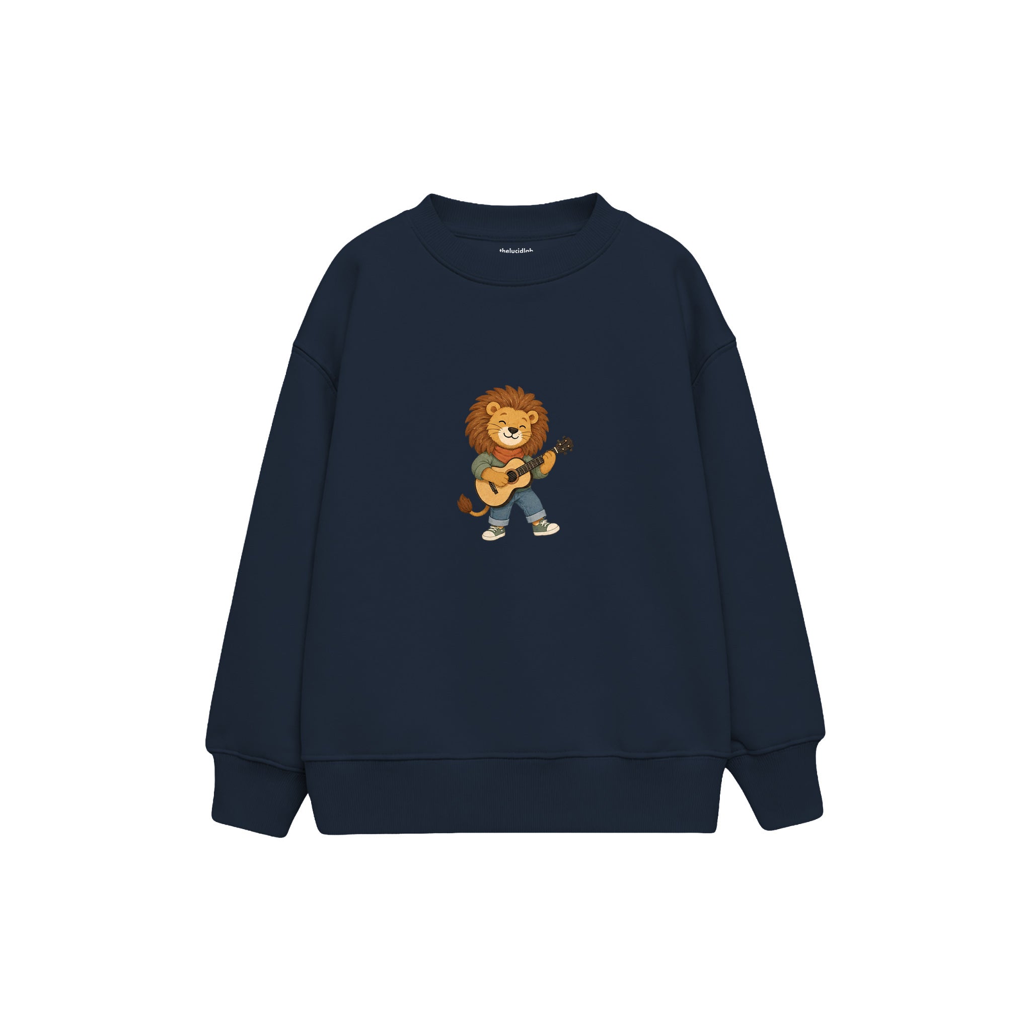 Lion playing a tiny acoustic guitar Çocuk Sweatshirt — Lacivert — ön görünüm