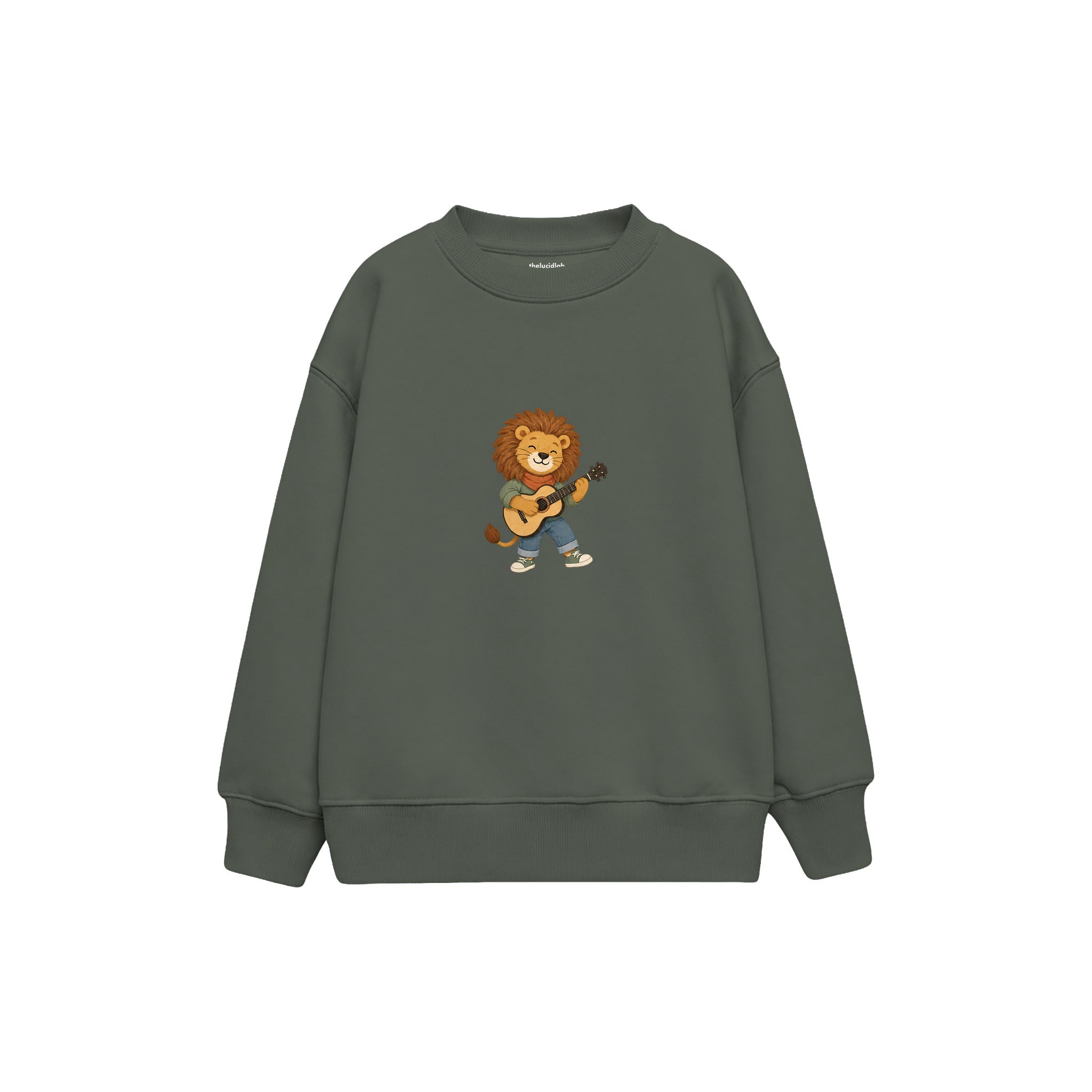 Lion playing a tiny acoustic guitar Çocuk Sweatshirt — Antrasit — ön görünüm