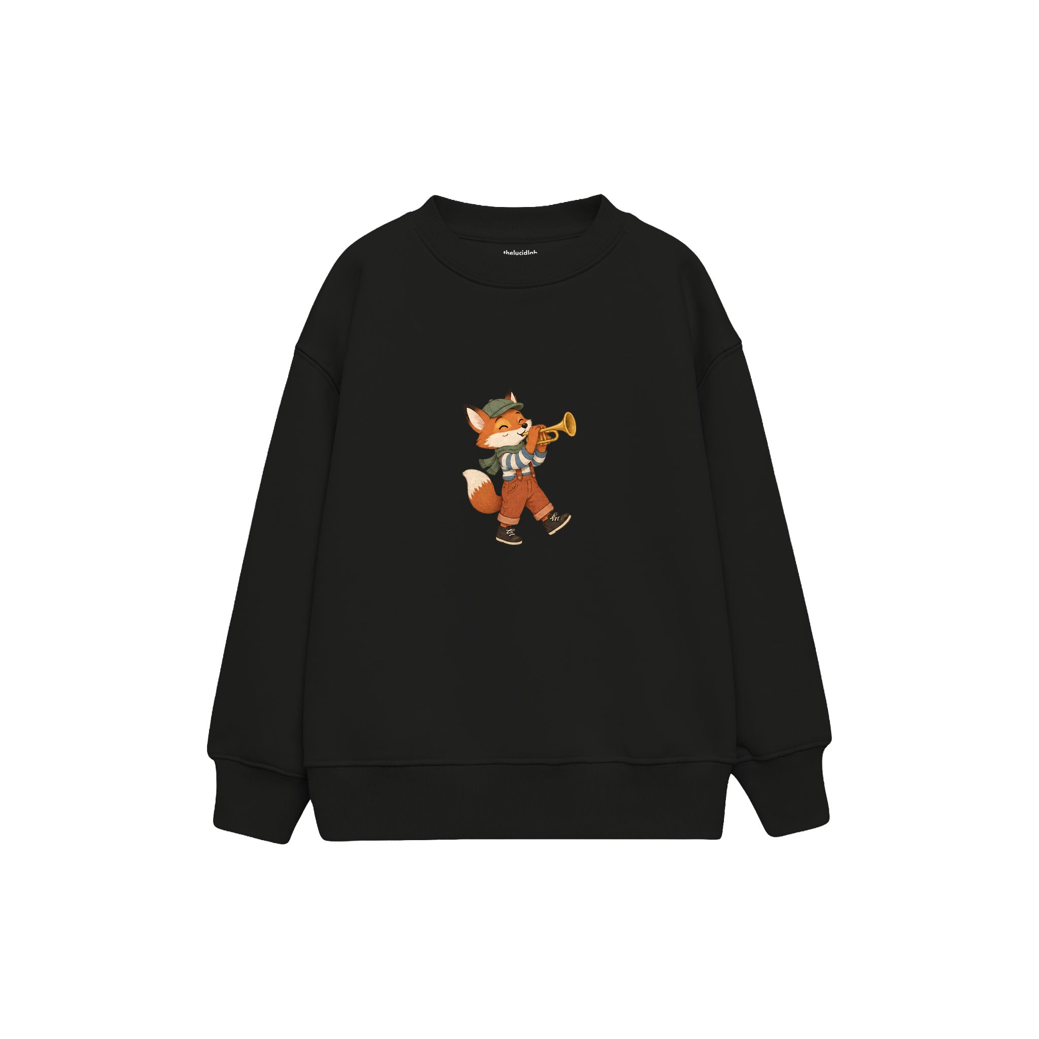 Fox playing a trumpet Çocuk Sweatshirt — Siyah — ön görünüm