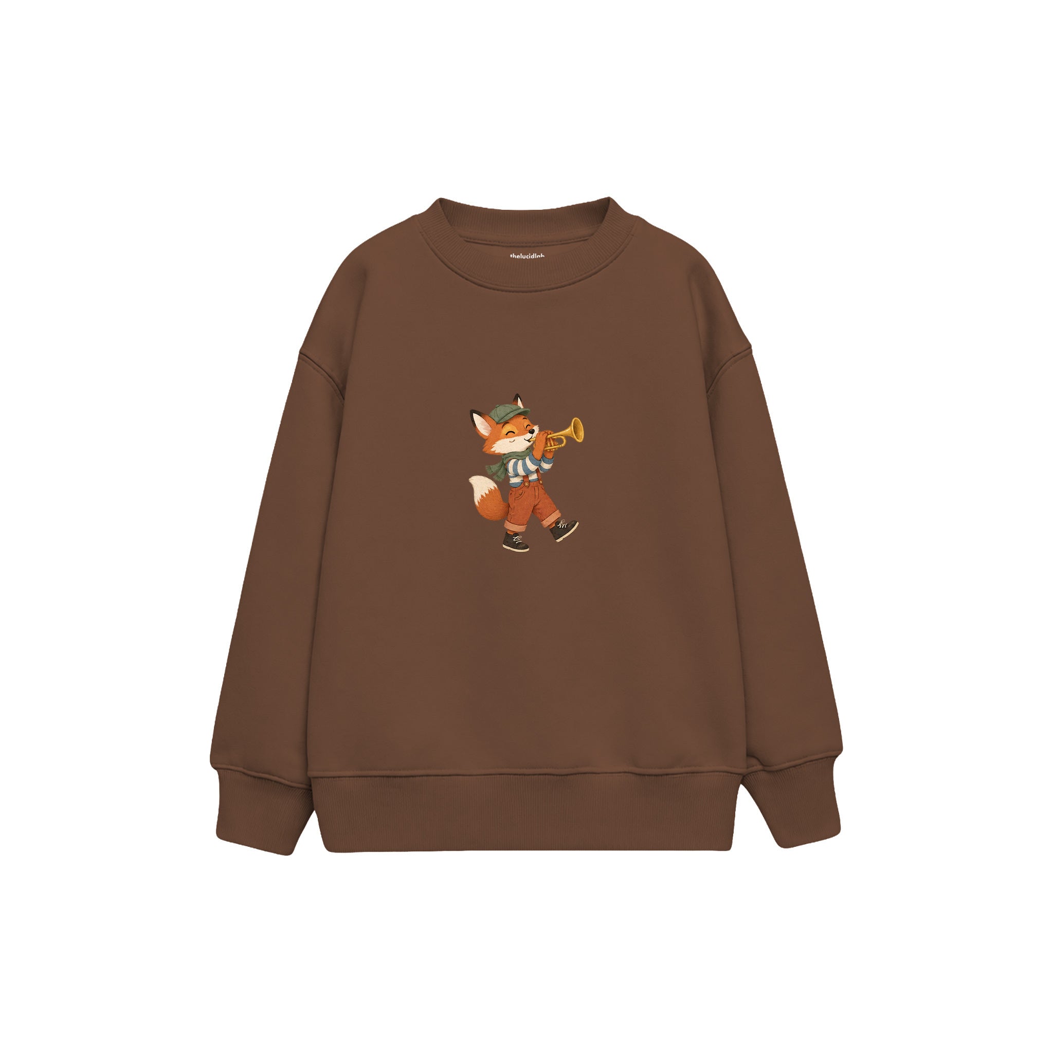 Fox playing a trumpet Çocuk Sweatshirt — Kahverengi — ön görünüm