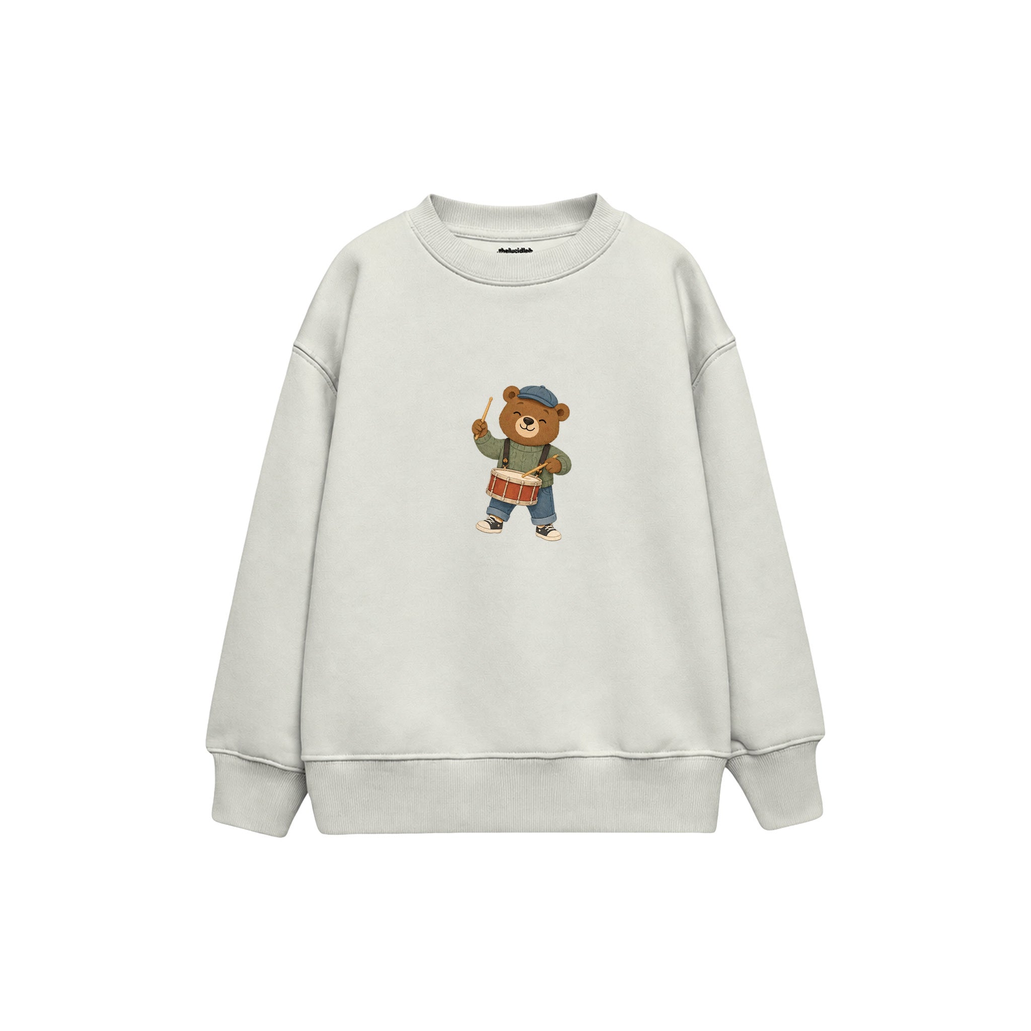 Bear drumming on a snare drum Çocuk Sweatshirt — Beyaz — ön görünüm