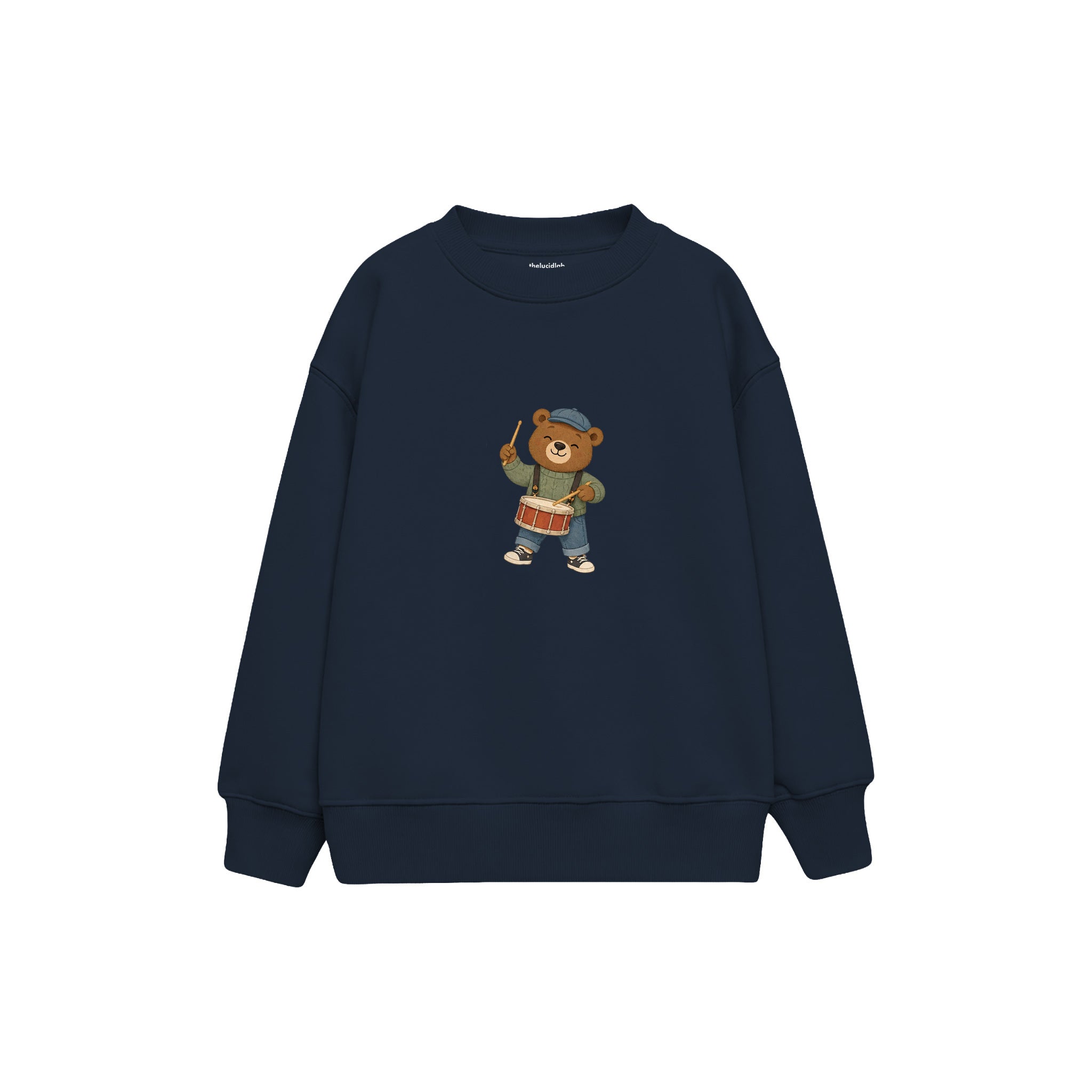 Bear drumming on a snare drum Çocuk Sweatshirt — Lacivert — ön görünüm