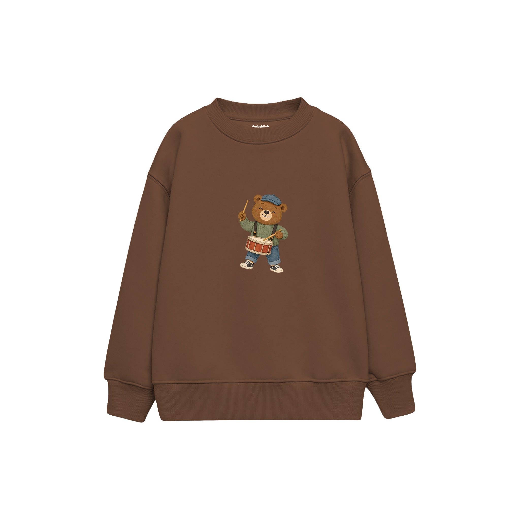Bear drumming on a snare drum Çocuk Sweatshirt — Kahverengi — ön görünüm