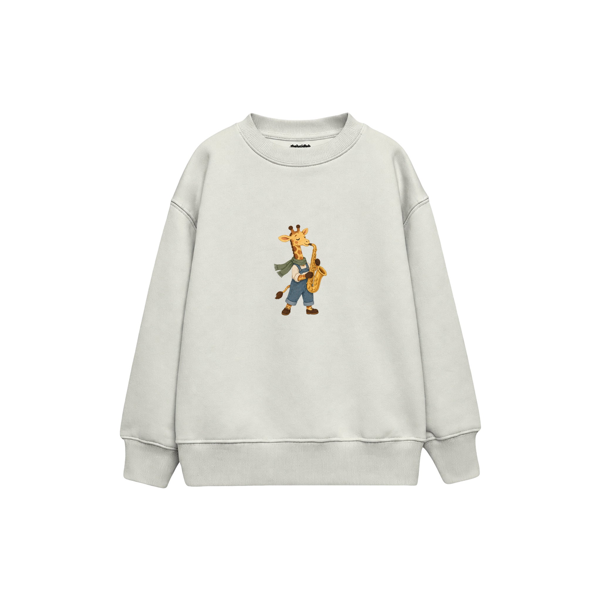 Giraffe playing a saxophone Çocuk Sweatshirt — Beyaz — ön görünüm