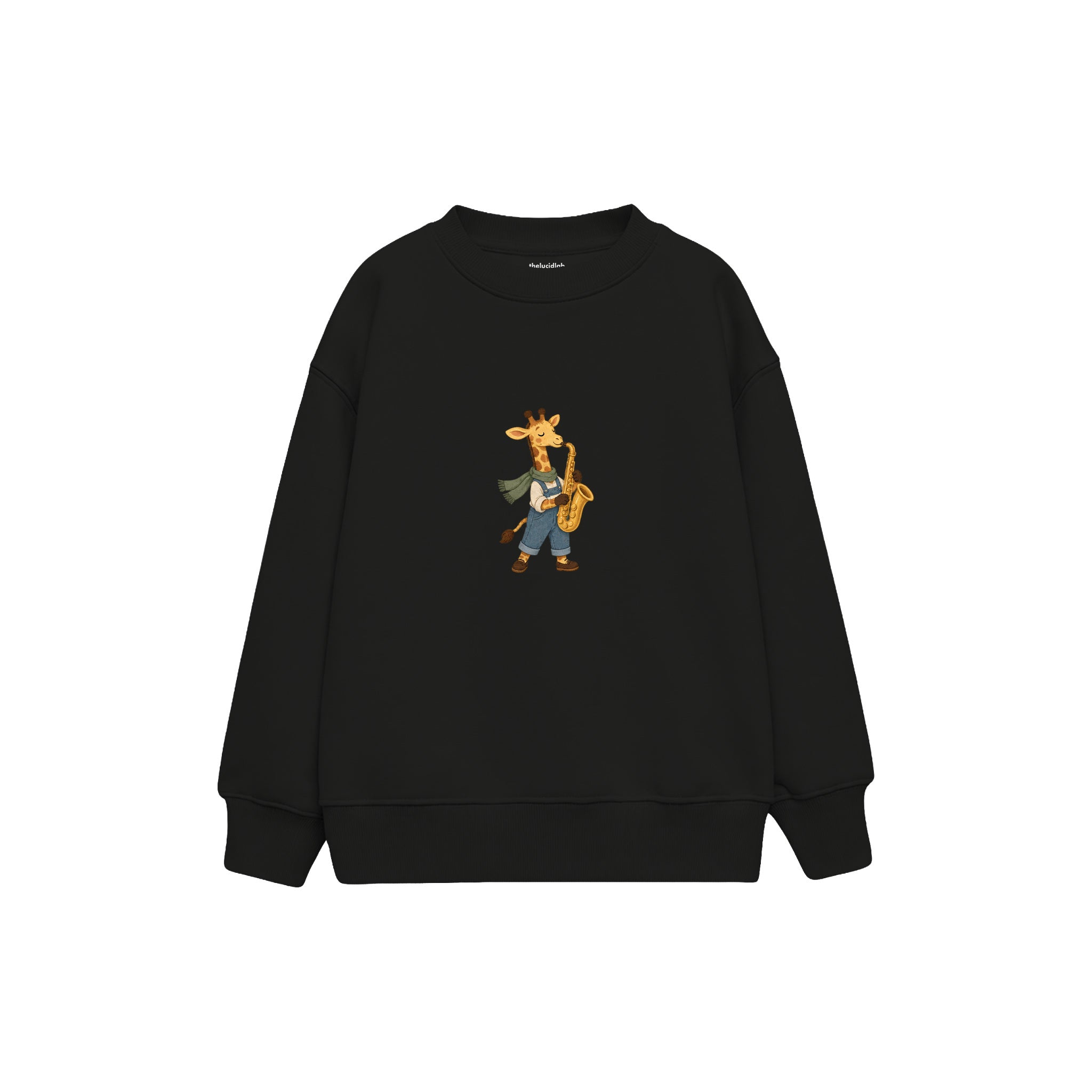Giraffe playing a saxophone Çocuk Sweatshirt — Siyah — ön görünüm
