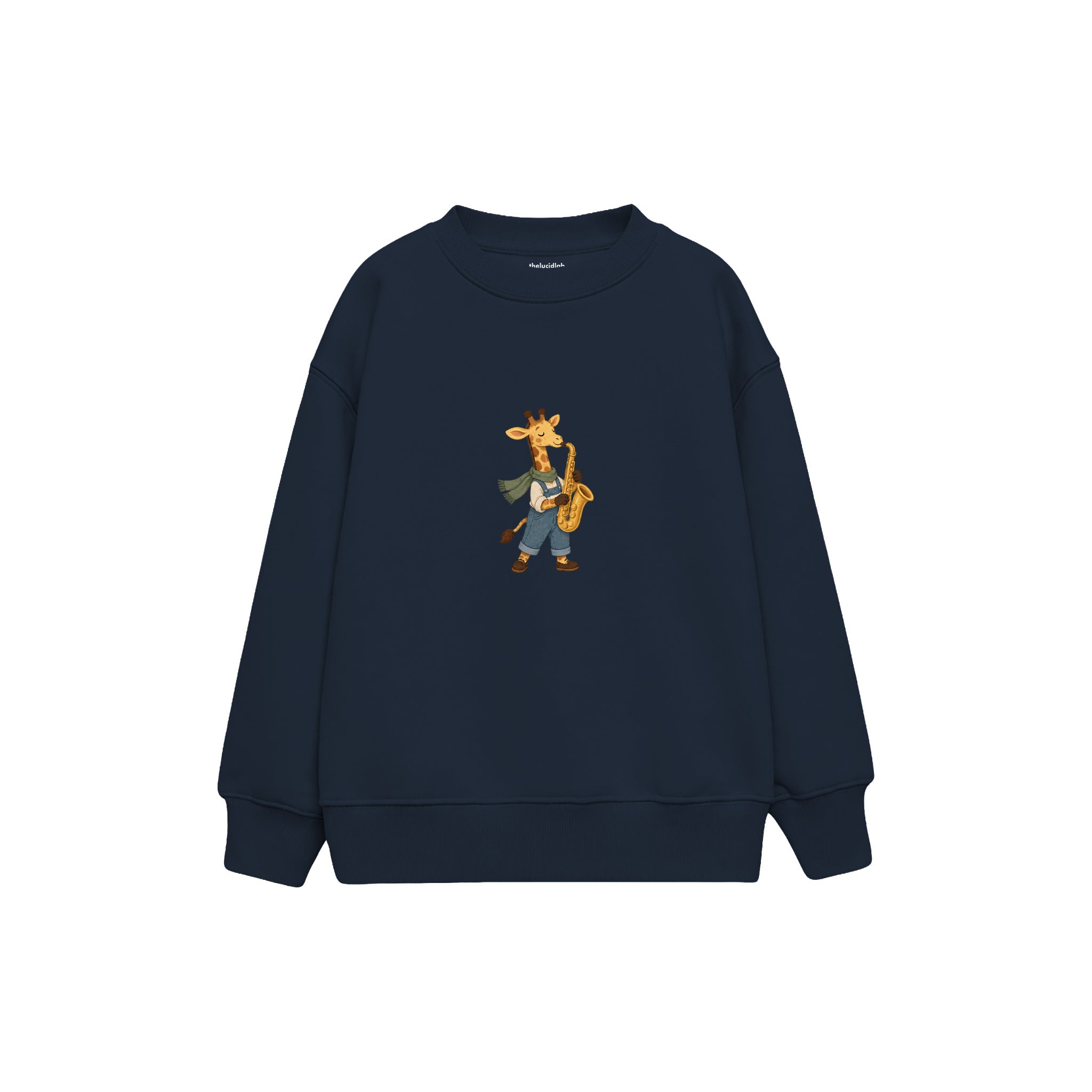 Giraffe playing a saxophone Çocuk Sweatshirt — Lacivert — ön görünüm