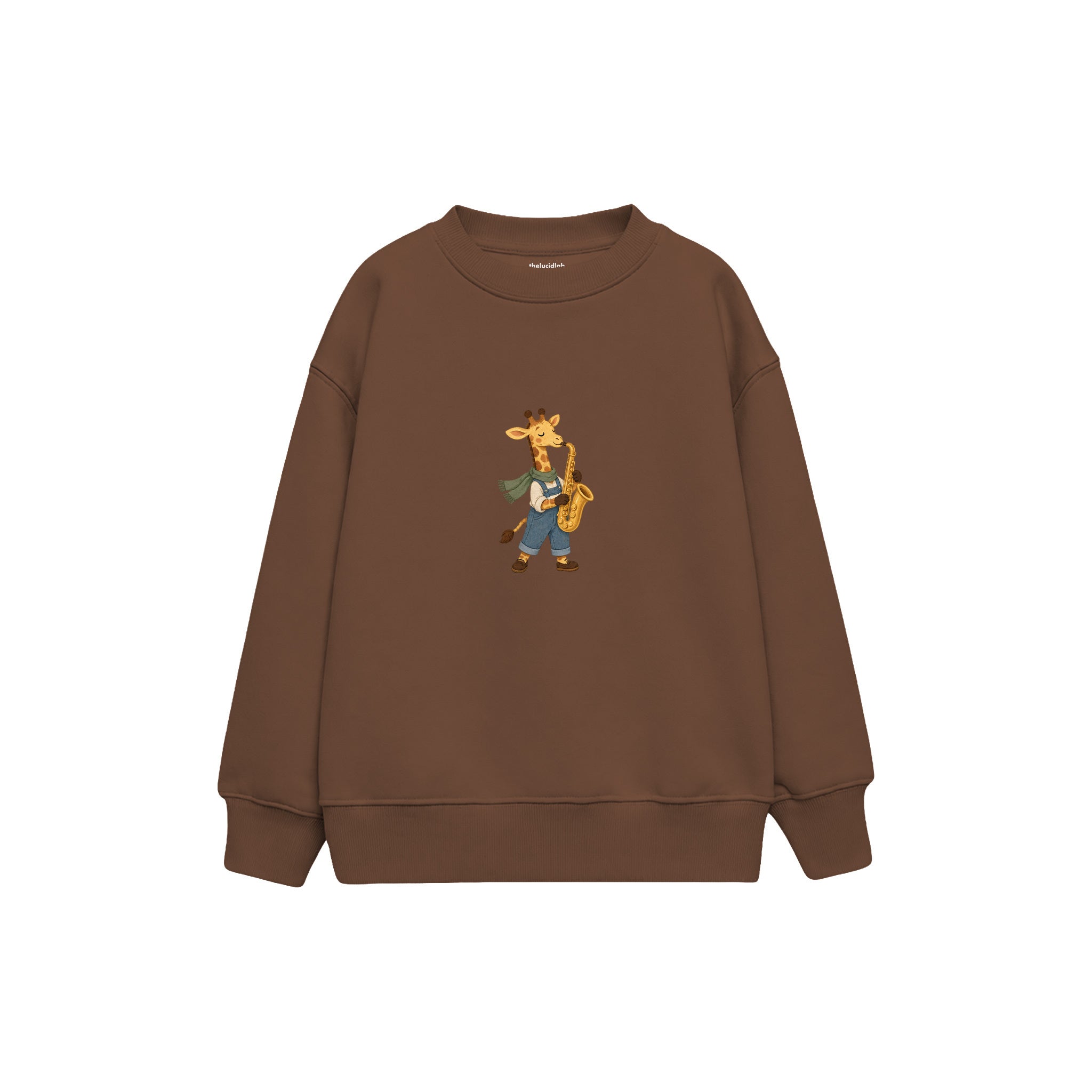 Giraffe playing a saxophone Çocuk Sweatshirt — Kahverengi — ön görünüm