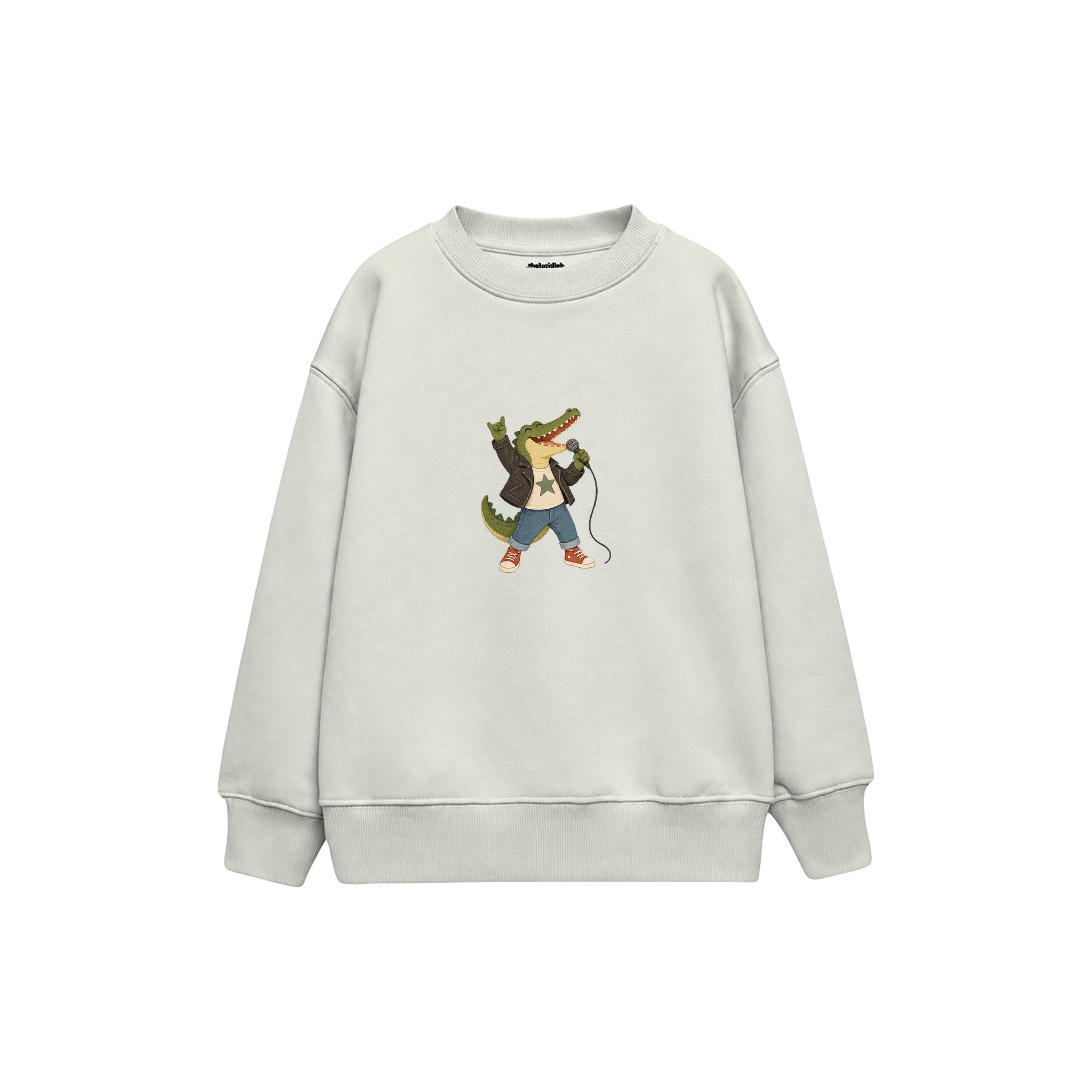 Crocodile holding a microphone like a rock singer Çocuk Sweatshirt — Beyaz — ön görünüm