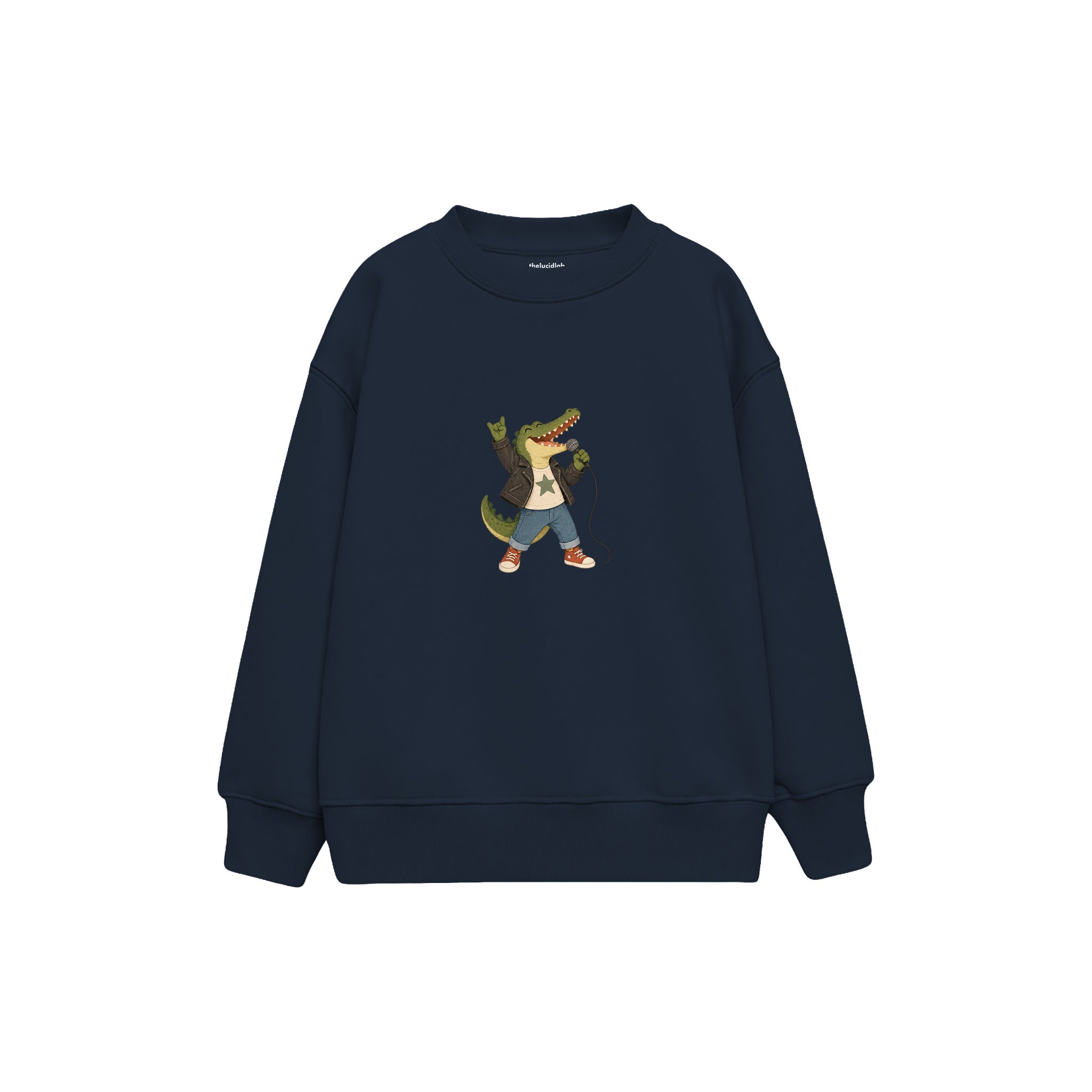 Crocodile holding a microphone like a rock singer Çocuk Sweatshirt — Lacivert — ön görünüm