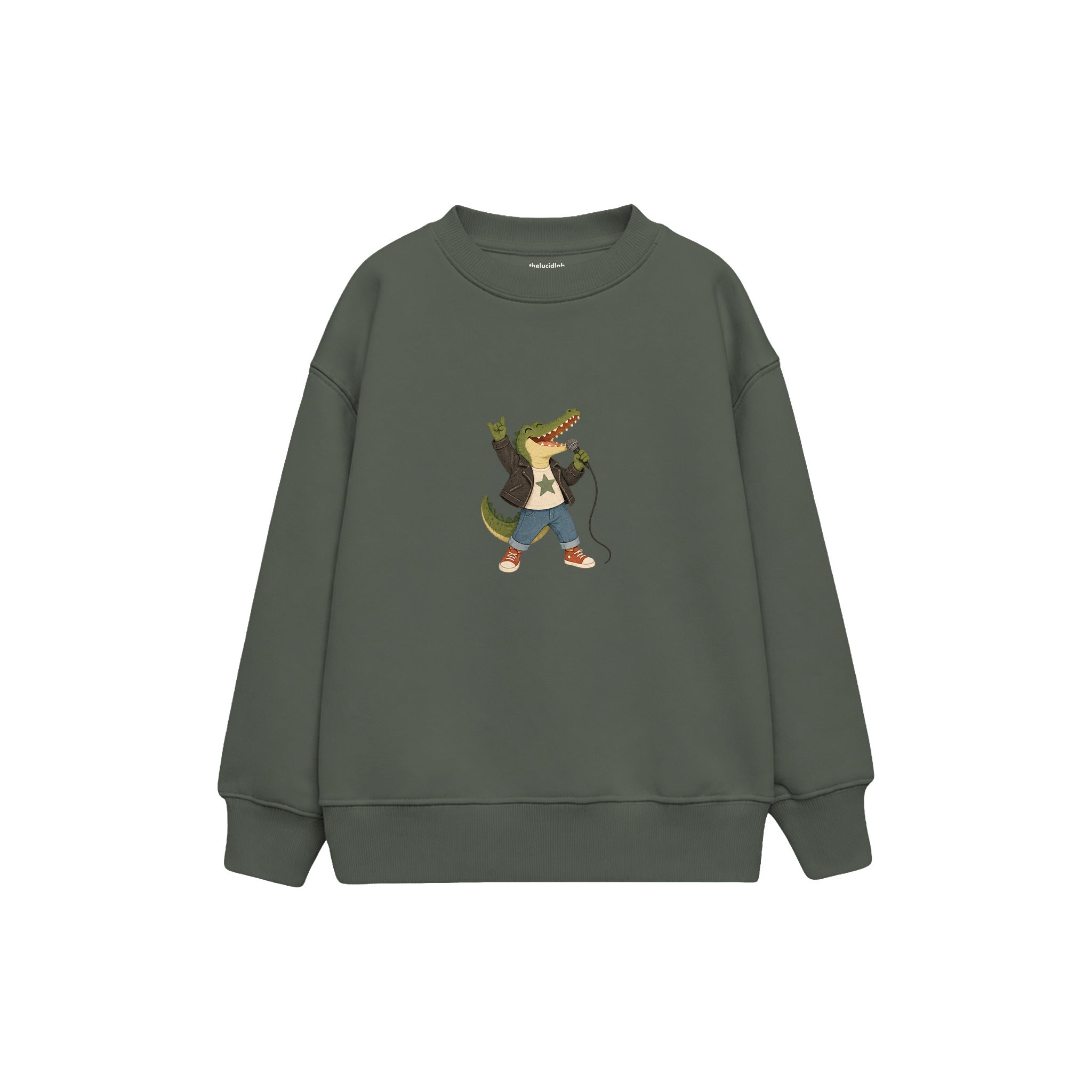 Crocodile holding a microphone like a rock singer Çocuk Sweatshirt — Antrasit — ön görünüm