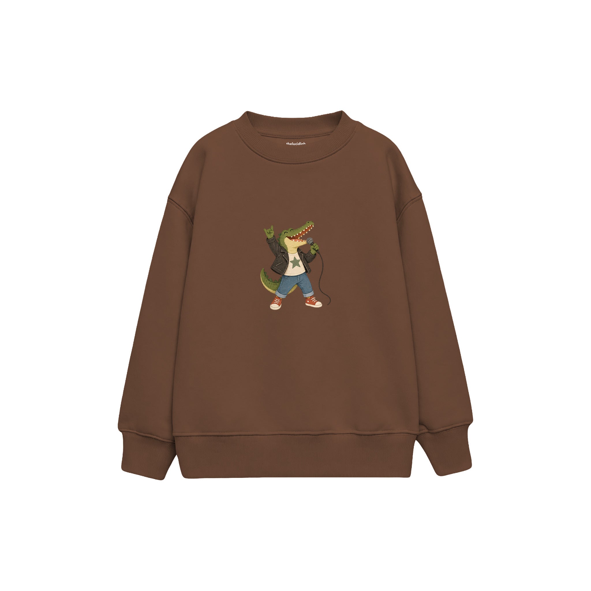 Crocodile holding a microphone like a rock singer Çocuk Sweatshirt — Kahverengi — ön görünüm